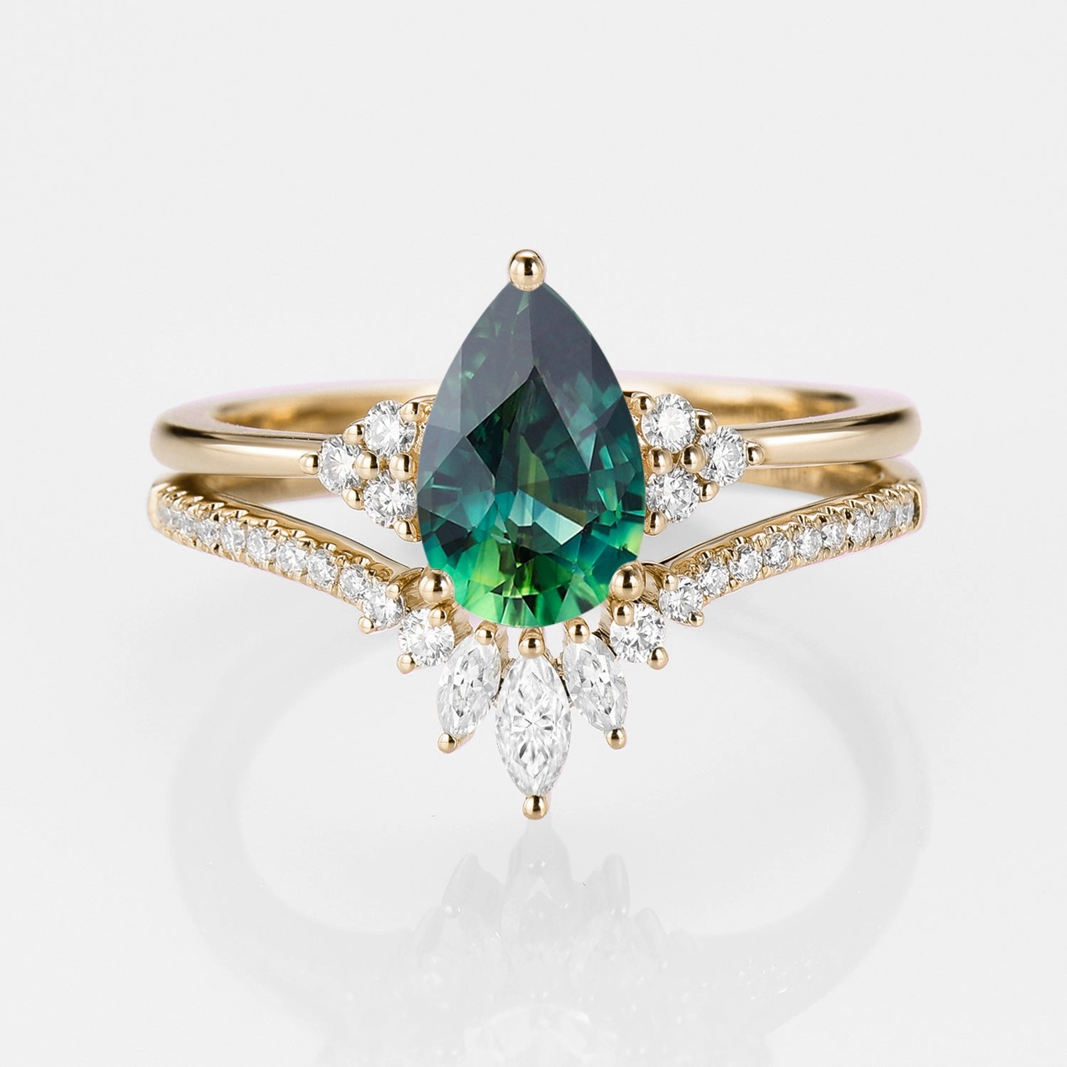 Artisan Craft Classic Engagement - Pear Teal Sapphire Engagement Ring Set 2pcs - Lydia