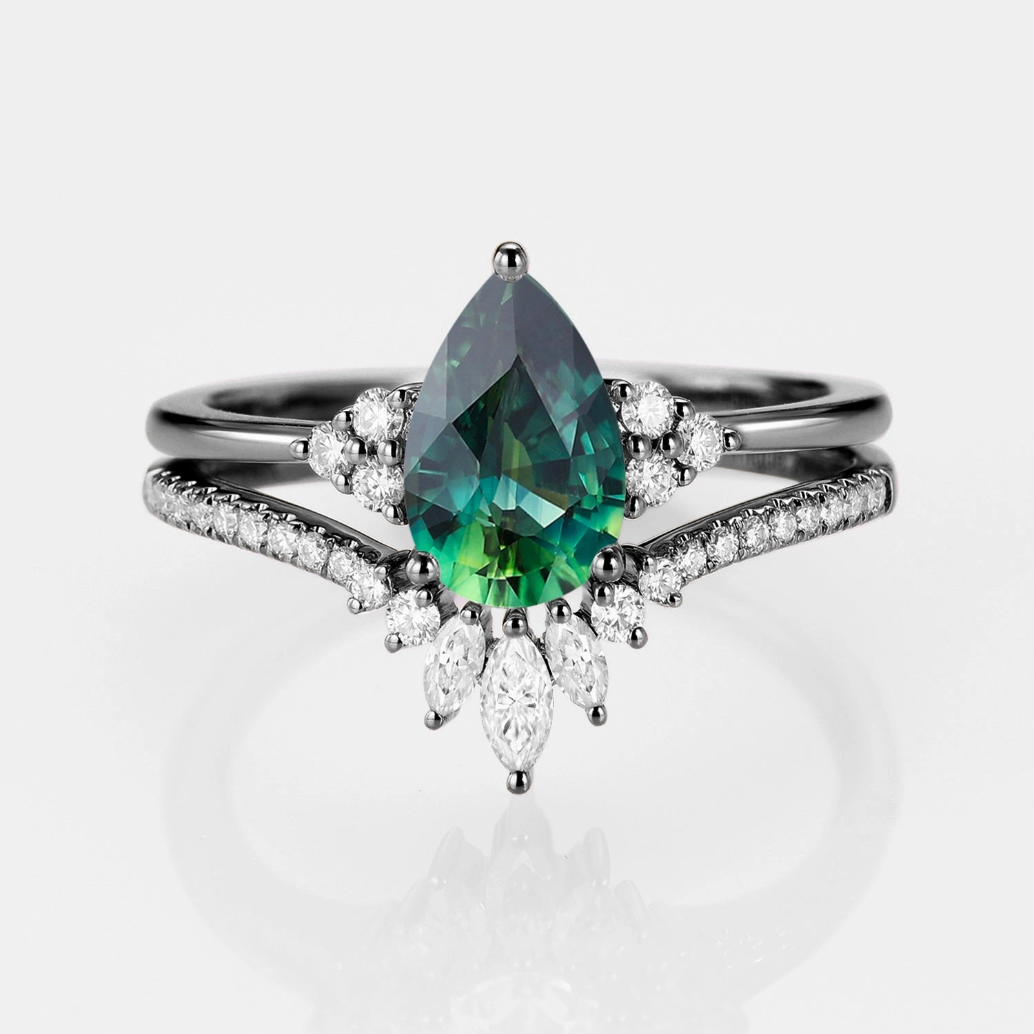 Classy Jewelry Classic Engagement - Pear Teal Sapphire Engagement Ring Set 2pcs - Lydia