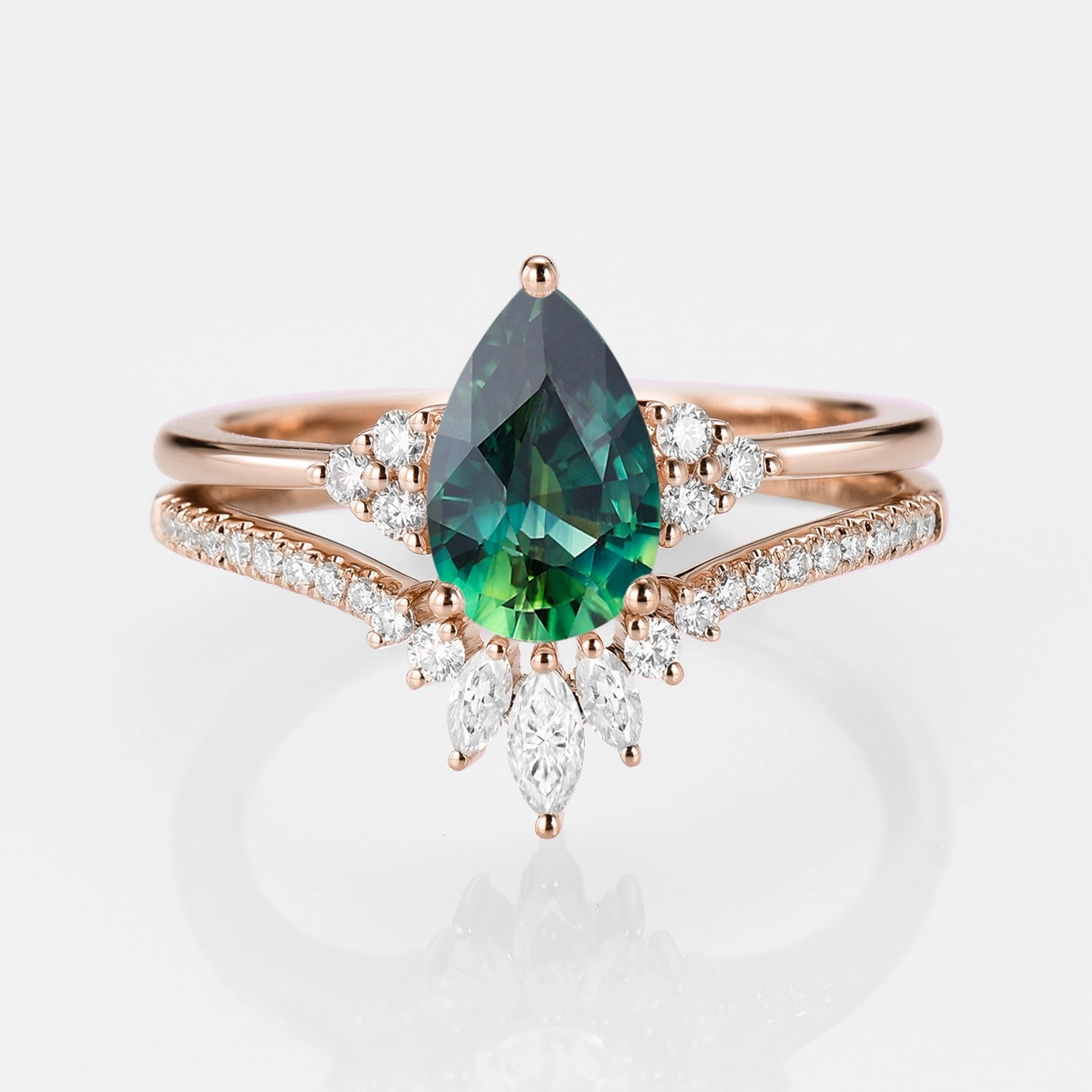 Classic Engagement - Pear Teal Sapphire Engagement Ring Set 2pcs - Lydia Modern Keepsake Autumn Collection