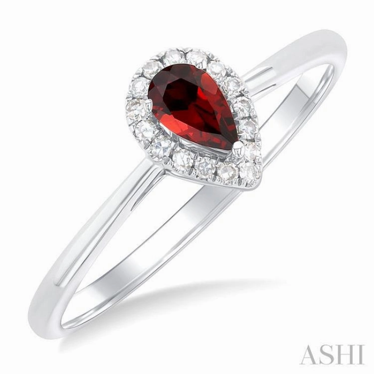 5x3 MM Pear Shape Garnet and 1/20 Ctw Single Cut Diamond Halo Semi-Precious Ring in 14K White Gold Luxury Touch