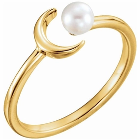 14K Yellow Cultured White Freshwater Pearl Crescent Moon Ring Vintage Emblem Artisan Vibe