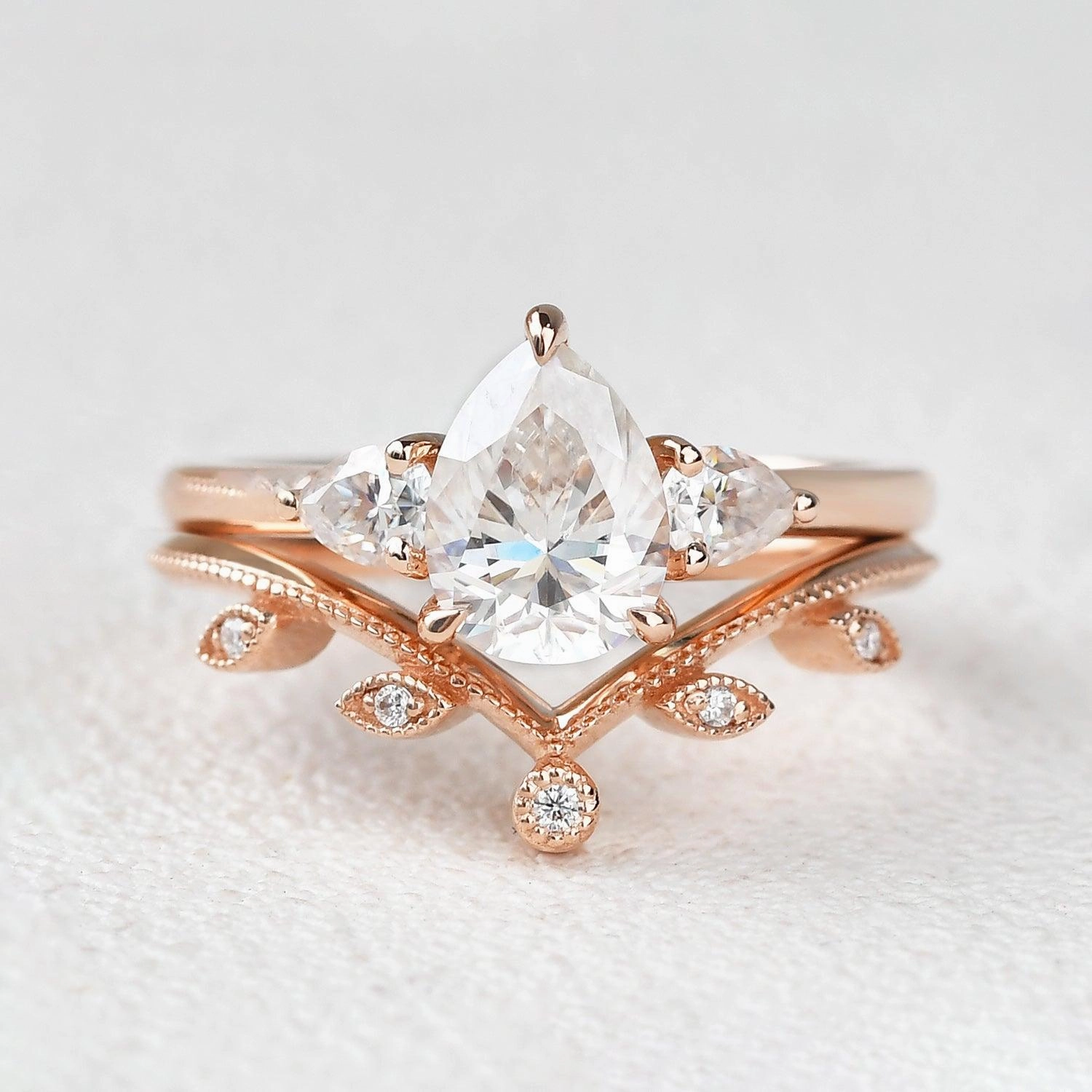 1.5ct Pear Shaped Moss Agate Three-stone Leafy Ring Set 2pcs Strong Jewelry