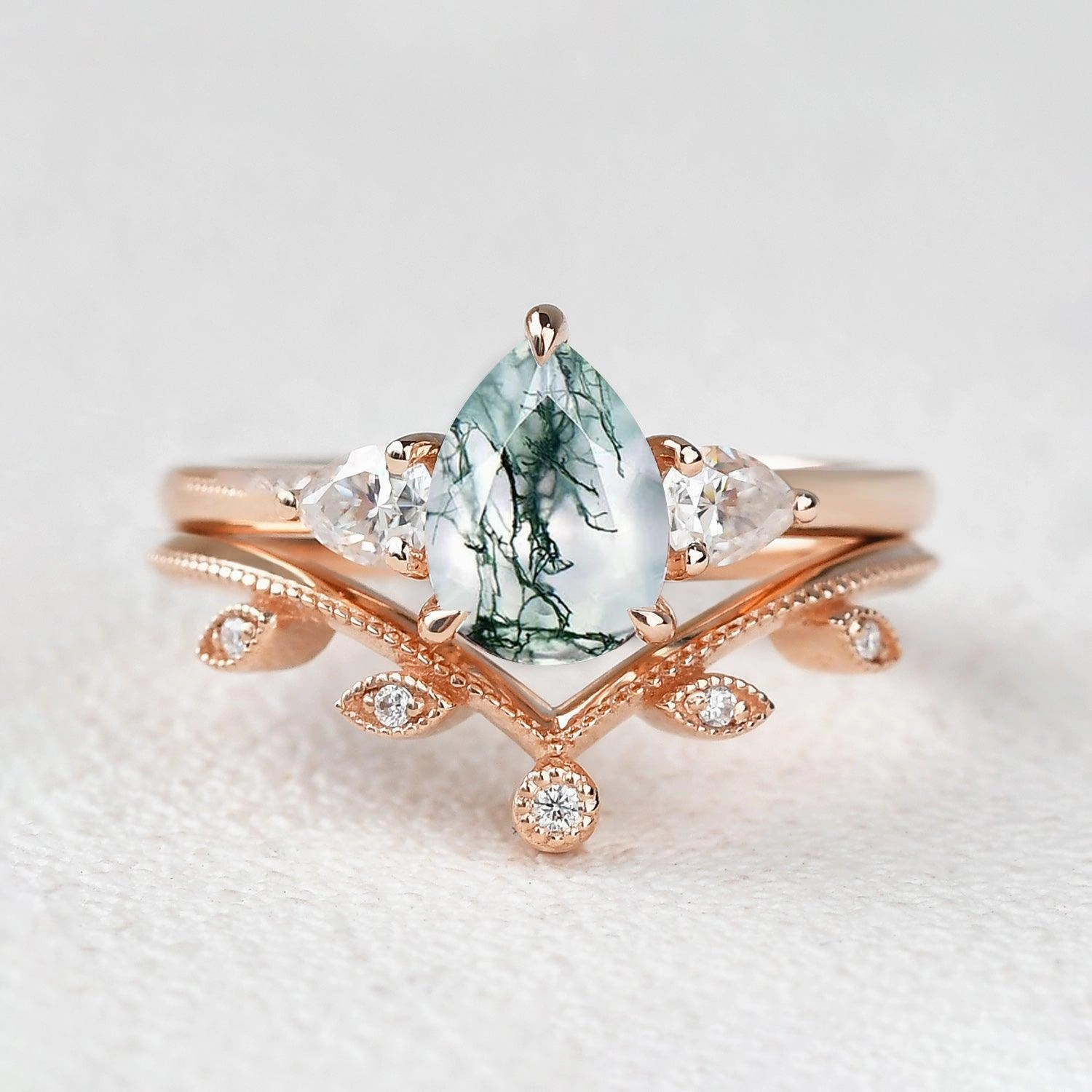Statement Look 1.5ct Pear Shaped Moss Agate Three-stone Leafy Ring Set 2pcs