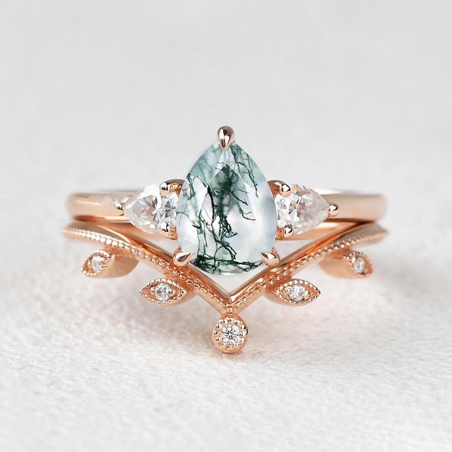 1.5ct Pear Shaped Moss Agate Three-stone Leafy Ring Set 2pcs Everyday Pieces Minimal Form