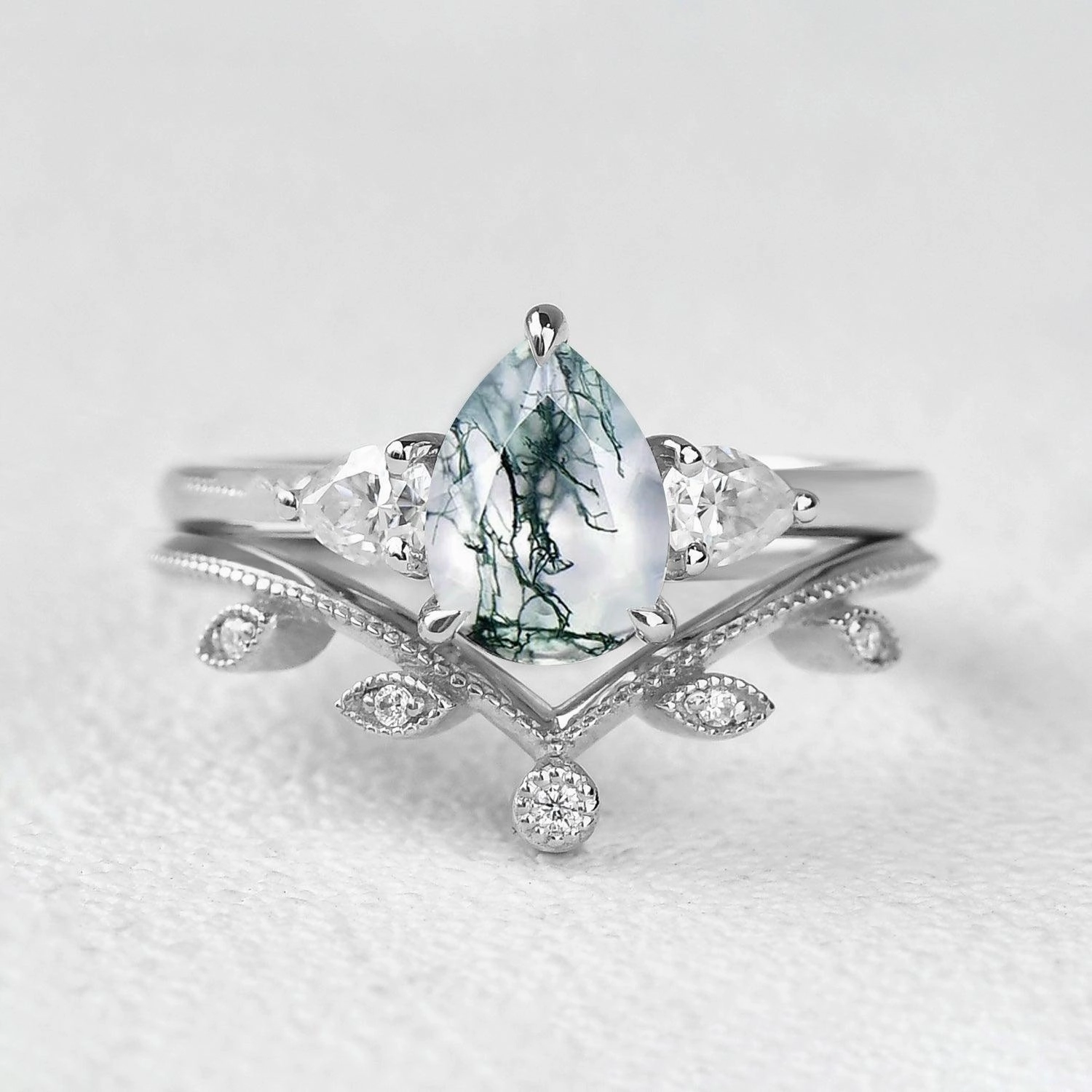 All Age 1.5ct Pear Shaped Moss Agate Three-stone Leafy Ring Set 2pcs