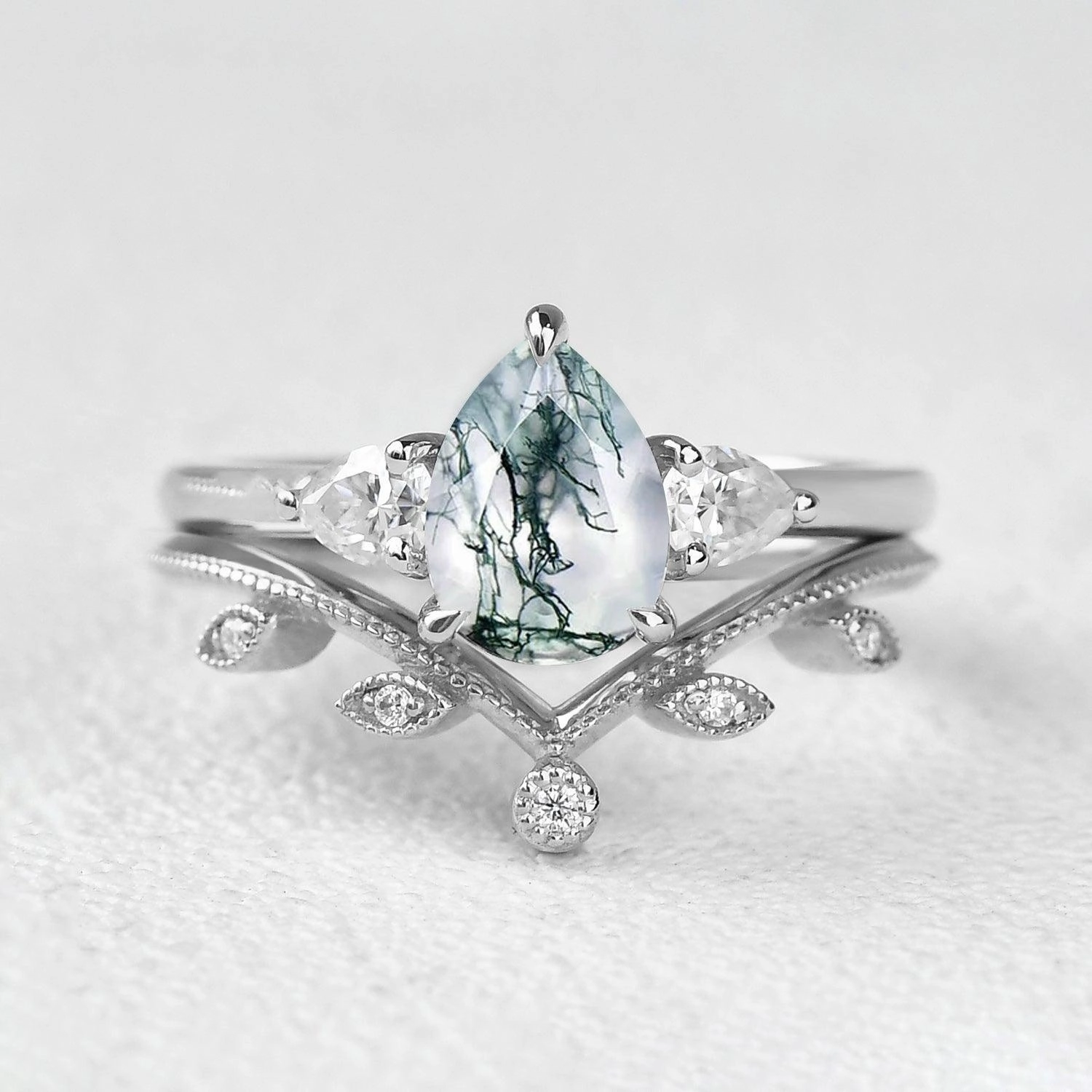 1.5ct Pear Shaped Moss Agate Three-stone Leafy Ring Set 2pcs Gloss Finish