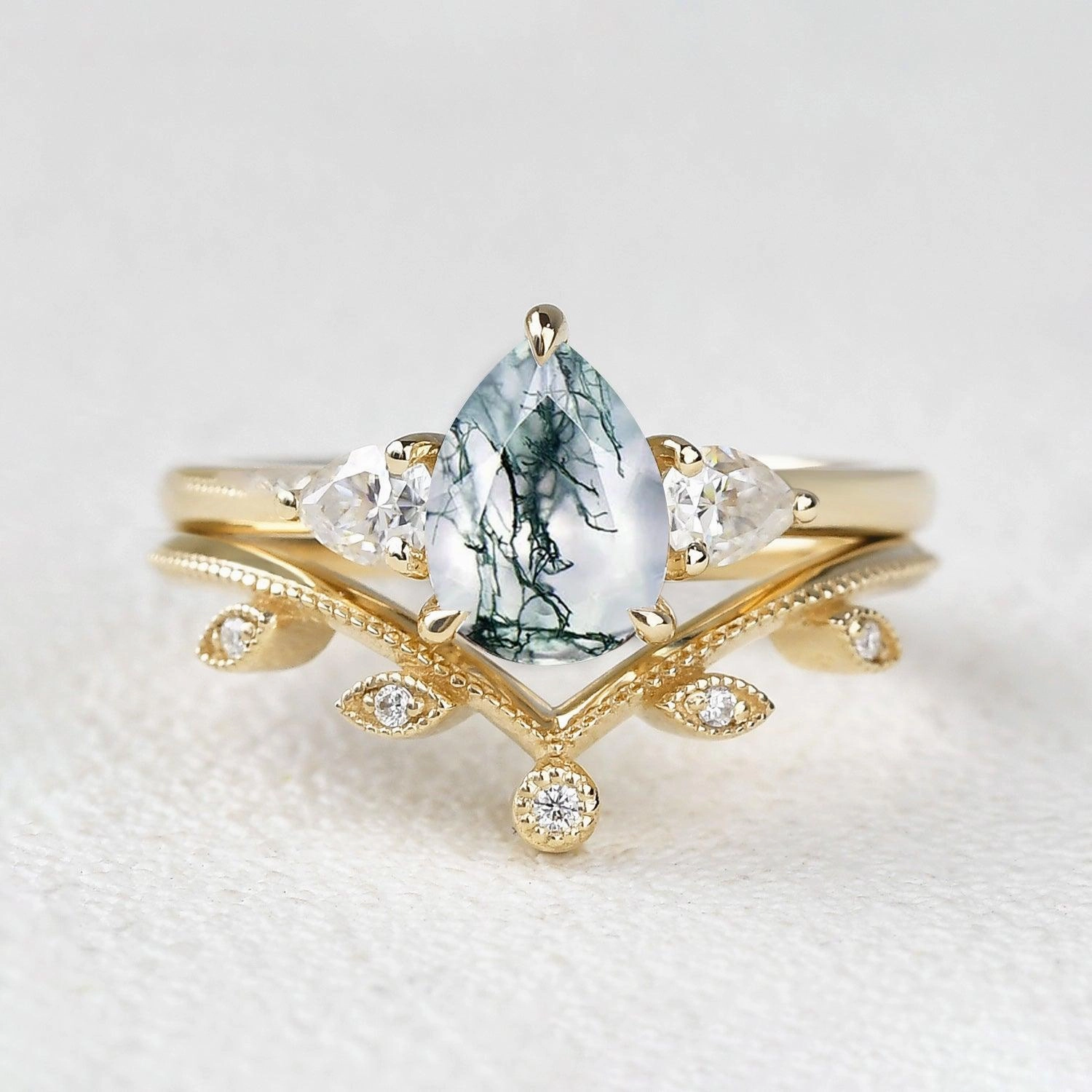 Glossy Vibe 1.5ct Pear Shaped Moss Agate Three-stone Leafy Ring Set 2pcs