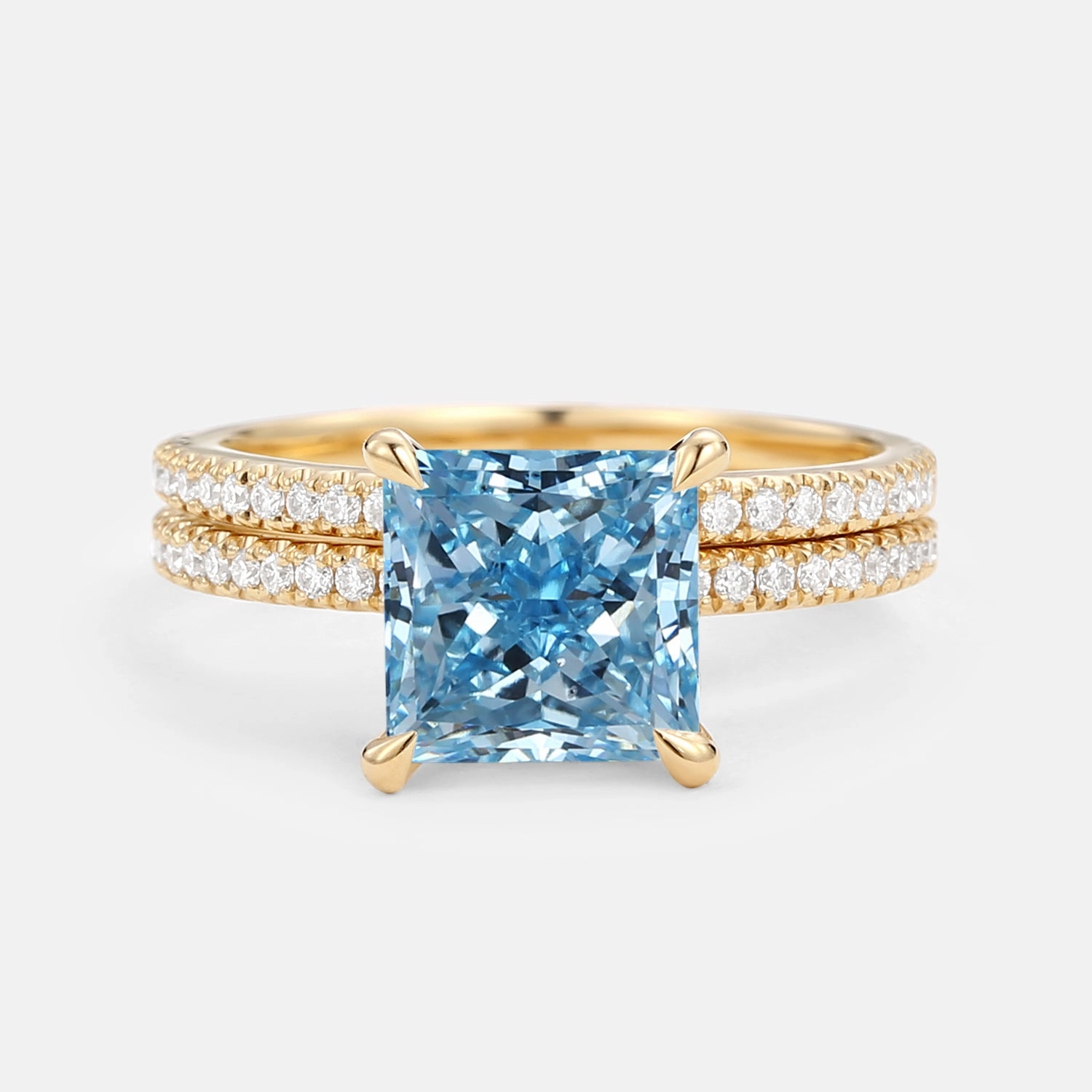 1.0ct Princess Cut Blue Lab Grown Diamond Engagement Ring Set 2pcs - Belle Luxury Object