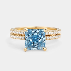 1.0ct Princess Cut Blue Lab Grown Diamond Engagement Ring Set 2pcs - Belle Luxury Object