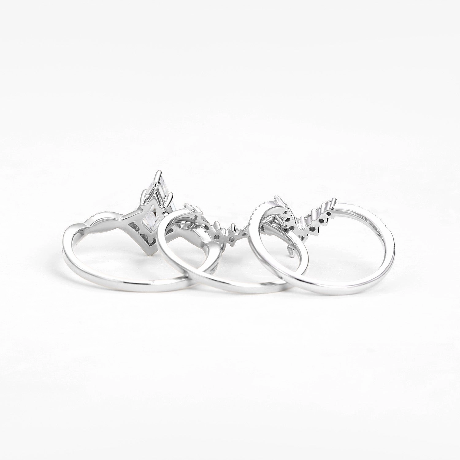 Lustrous Accent Kite Cut White Gold Moissanite Luxurious Engagement Bridal Set 3pcs