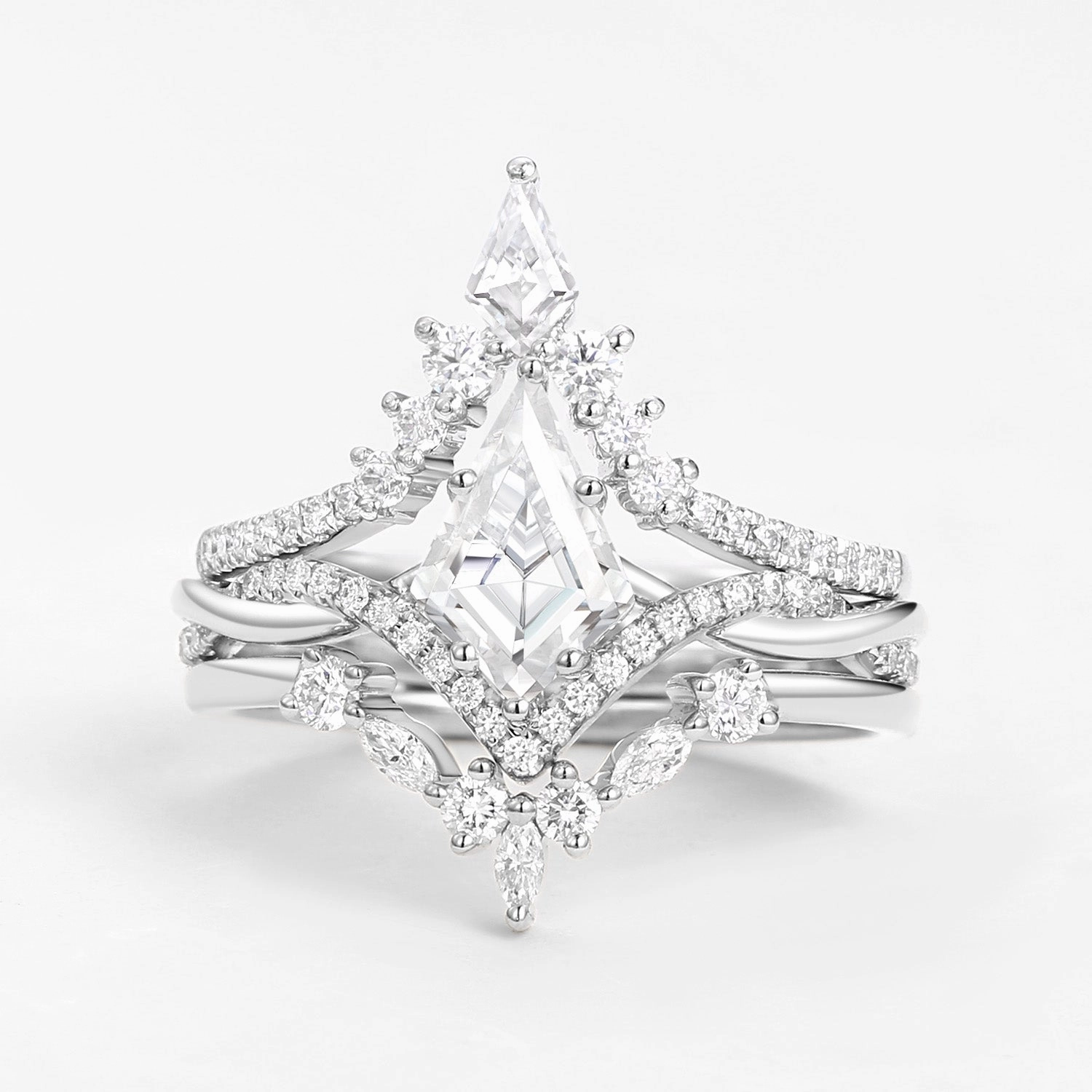 Flat Lay Kite Cut White Gold Moissanite Luxurious Engagement Bridal Set 3pcs