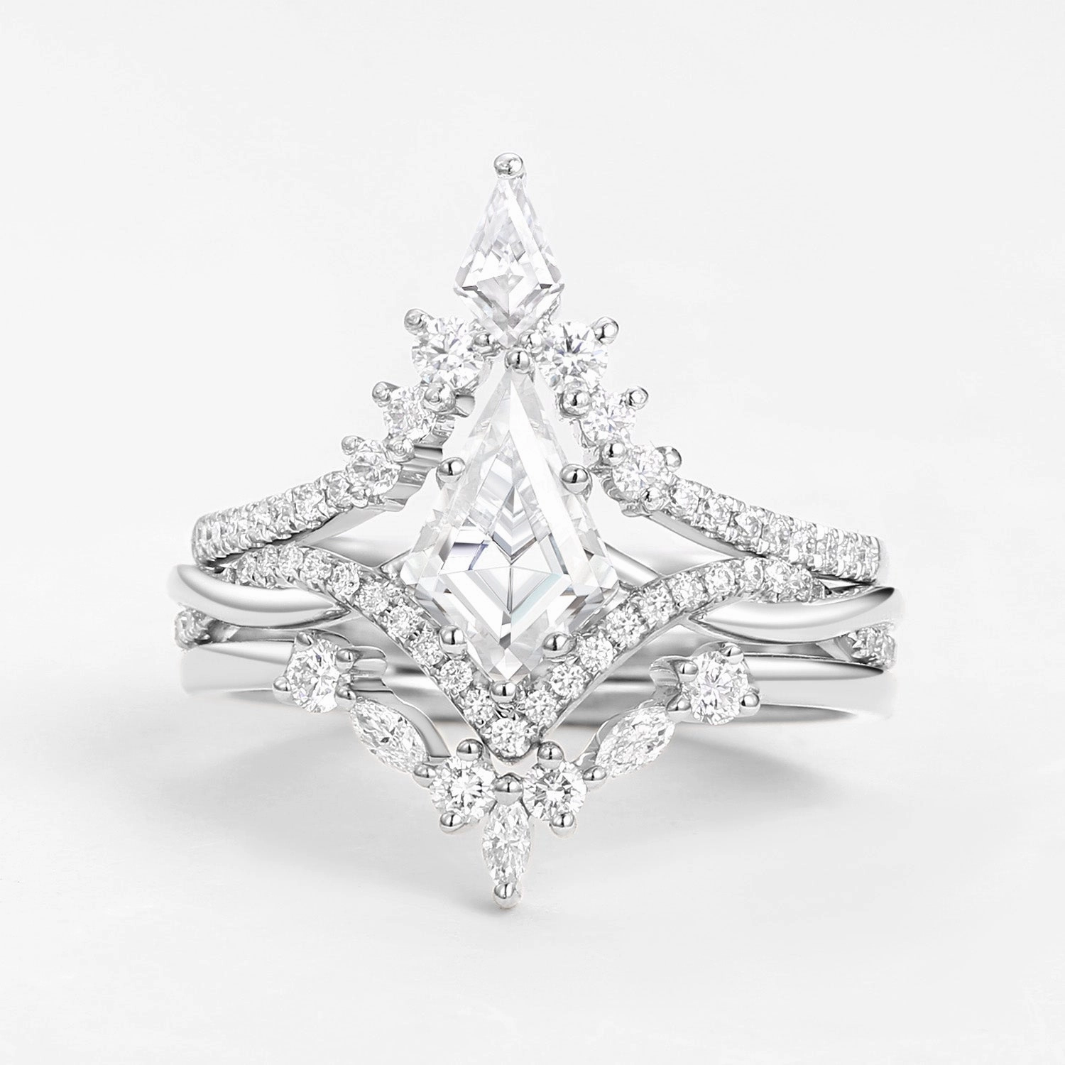 HighEnd Style Kite Cut White Gold Moissanite Luxurious Engagement Bridal Set 3pcs