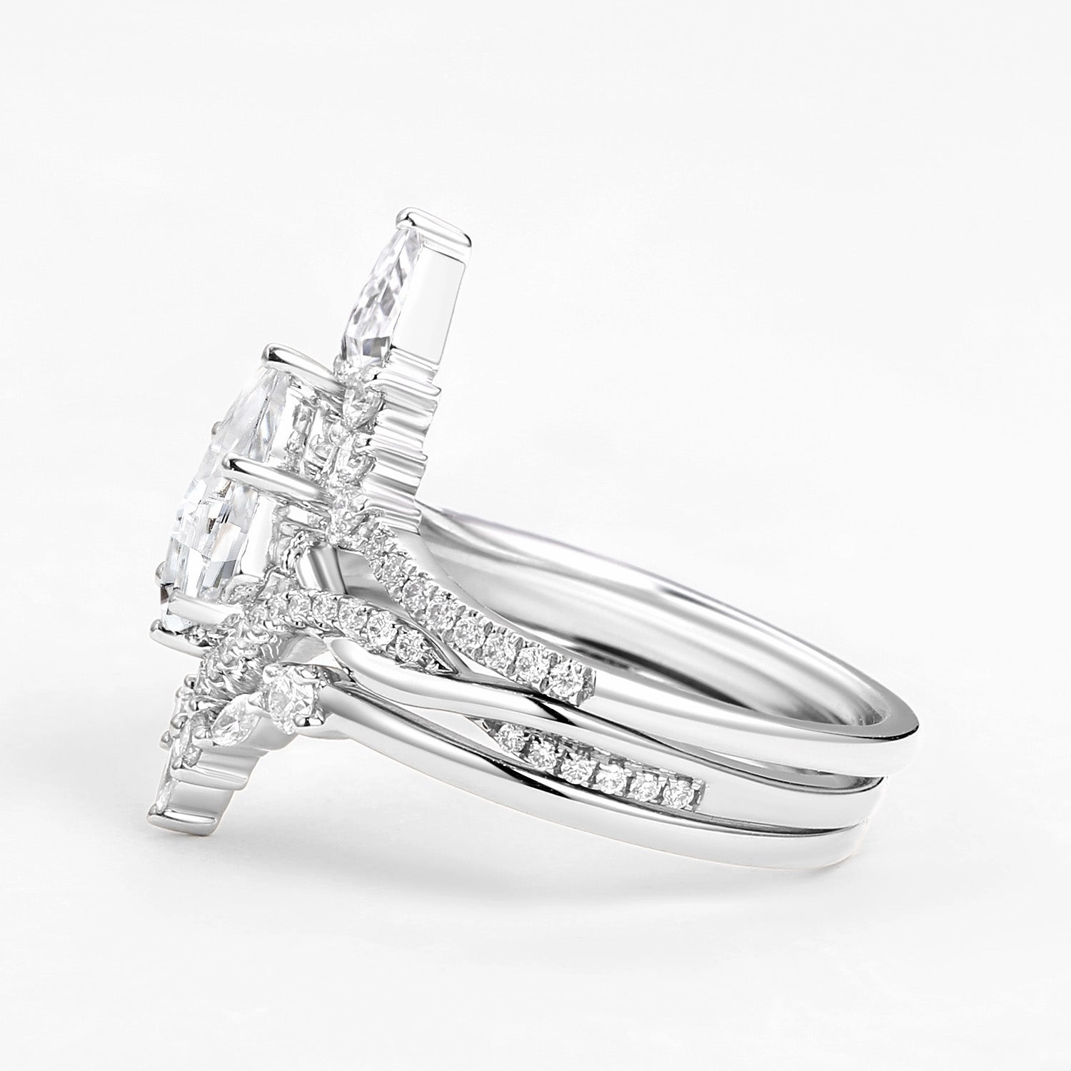 Kite Cut White Gold Moissanite Luxurious Engagement Bridal Set 3pcs HighEnd Symbol
