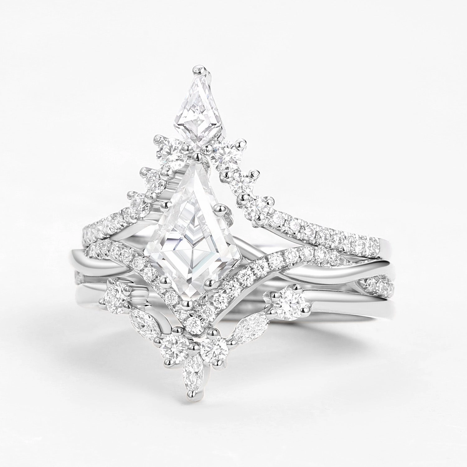Kite Cut White Gold Moissanite Luxurious Engagement Bridal Set 3pcs Prototype Model Neutral Spark
