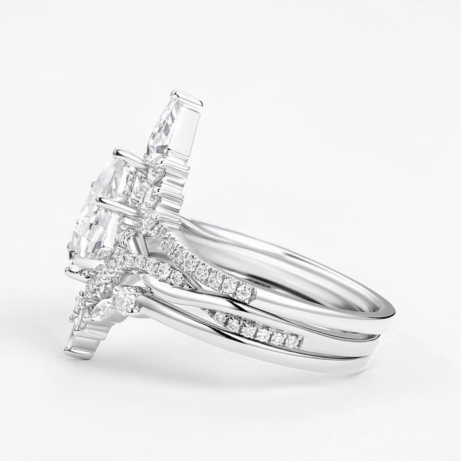 Kite Cut White Gold Moissanite Luxurious Engagement Bridal Set 3pcs Trendy Touch Handcrafted Treasures