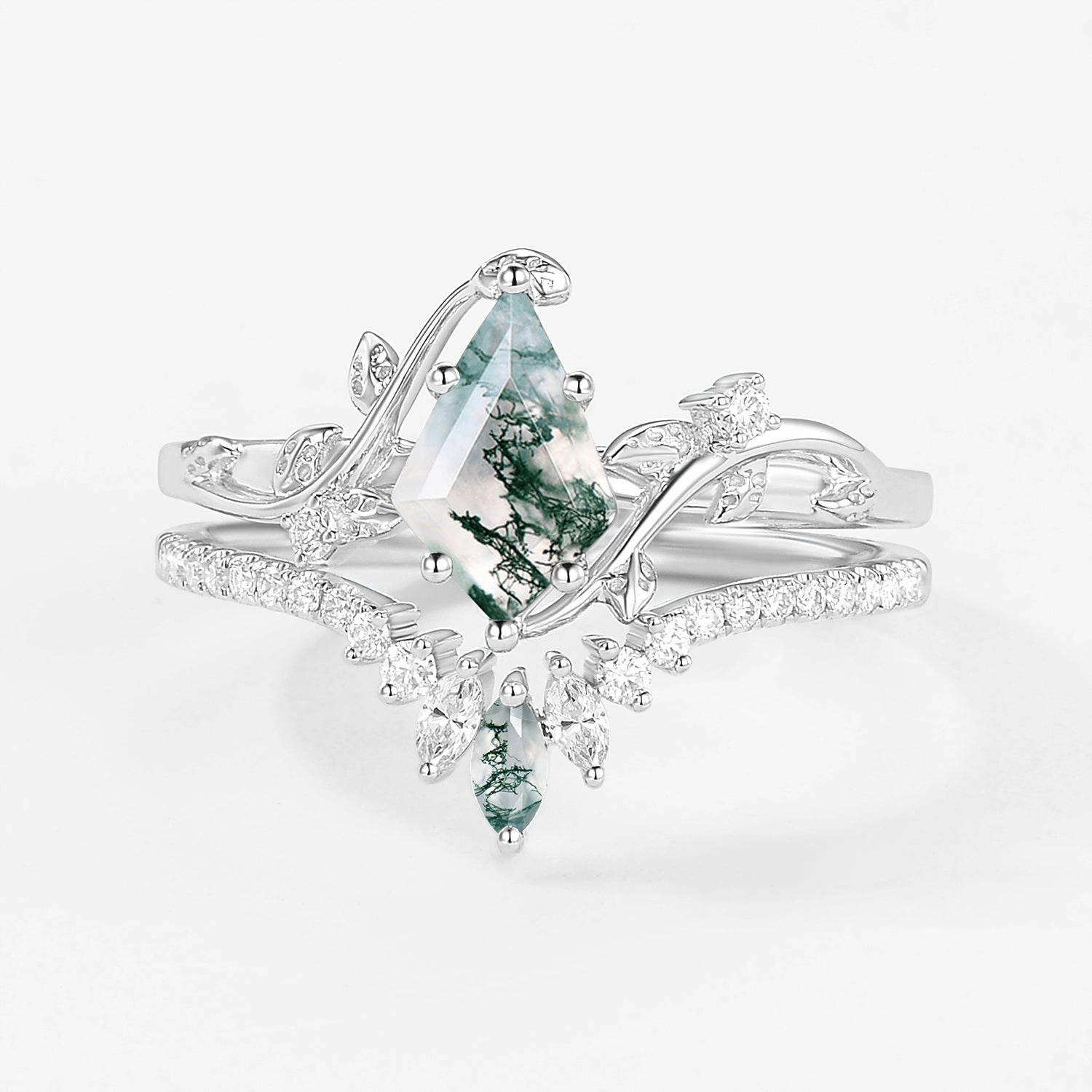 Glittery Accent Design innovation Unique Kite Cut Moss Agate Vine Bridal Ring Sets 2pcs