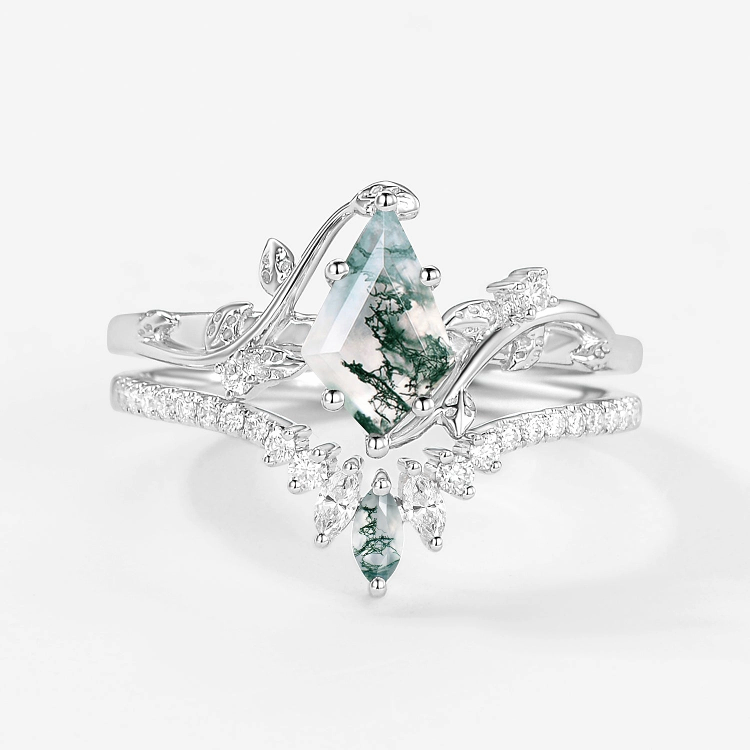 Unique Kite Cut Moss Agate Vine Bridal Ring Sets 2pcs Artistic Memento Budget Article