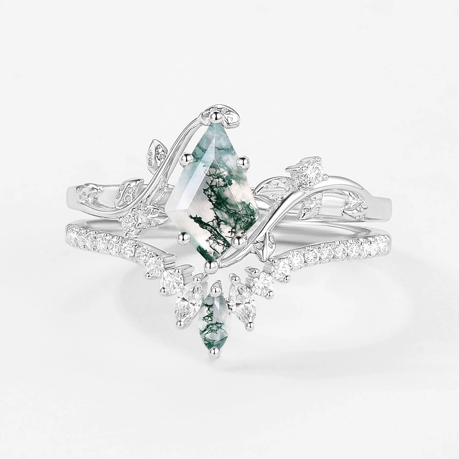 Unique Kite Cut Moss Agate Vine Bridal Ring Sets 2pcs Stunning Style Timeless Accent