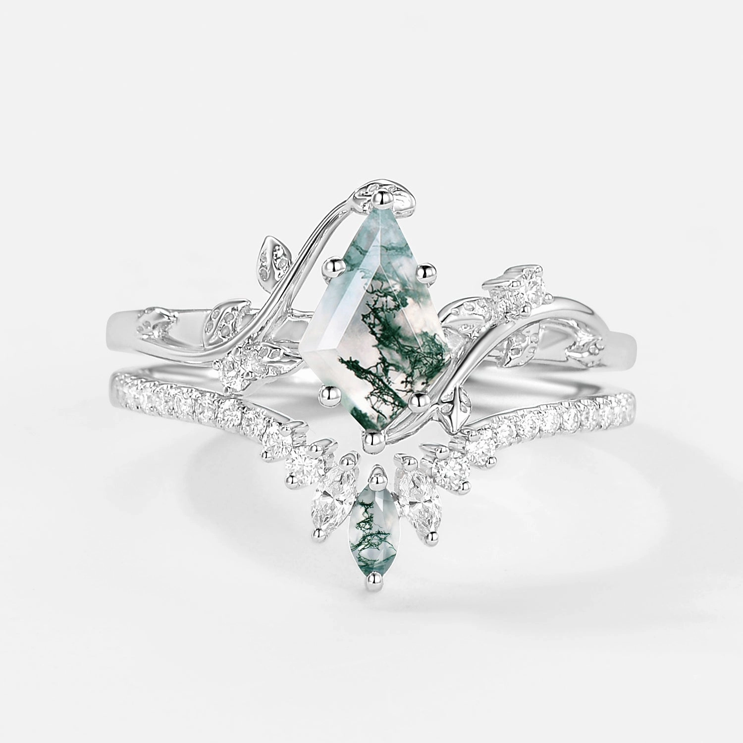 Unique Kite Cut Moss Agate Vine Bridal Ring Sets 2pcs Modern Look