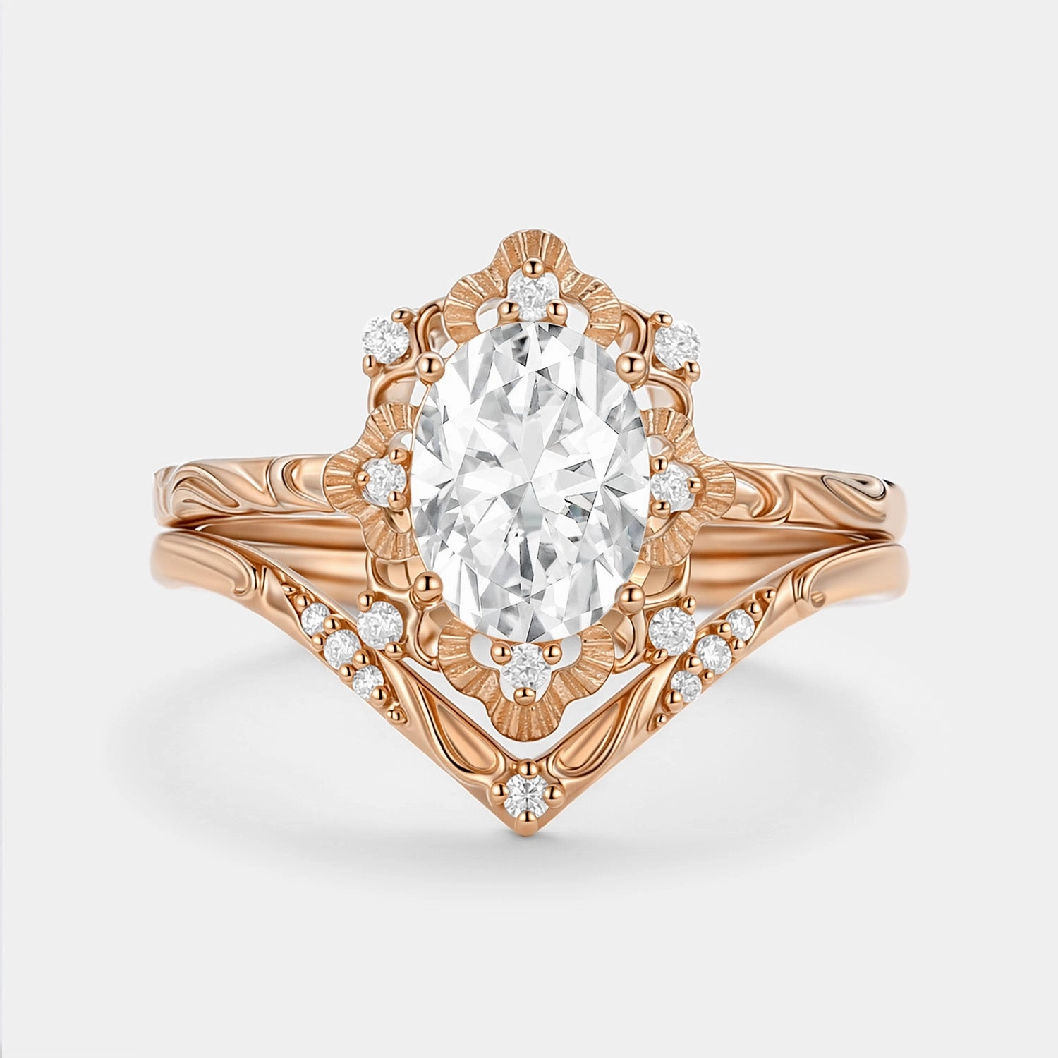 Daily Form Hypoallergenic Ornament Oval Cut Engraved Moissanite Vintage Ring Set 2pcs - Velvet