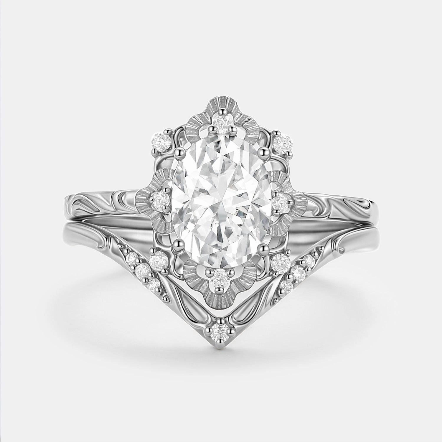 Oval Cut Engraved Moissanite Vintage Ring Set 2pcs - Velvet Cool Finish State Emblem