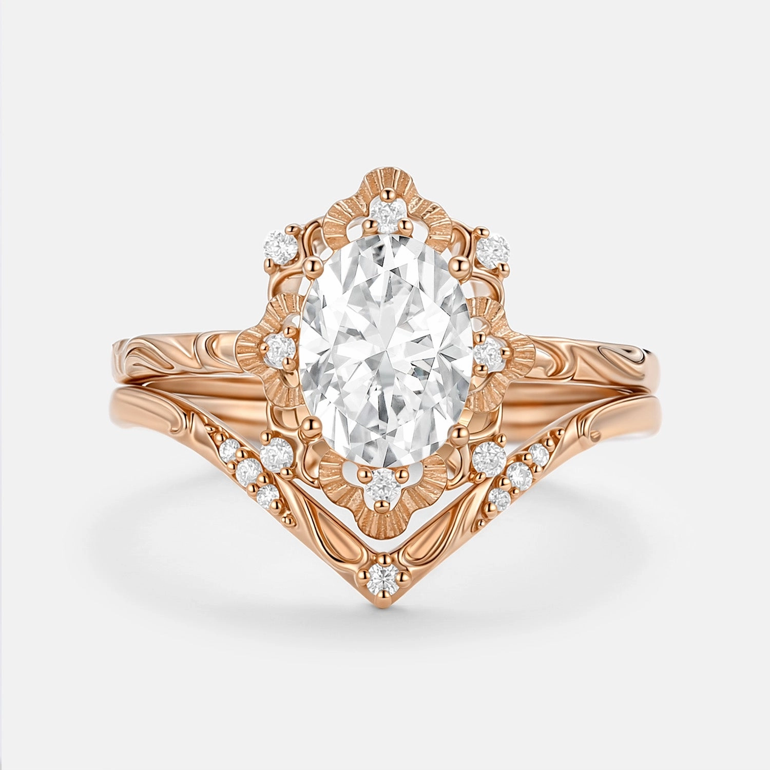 Artisan Flair Oval Cut Engraved Moissanite Vintage Ring Set 2pcs - Velvet