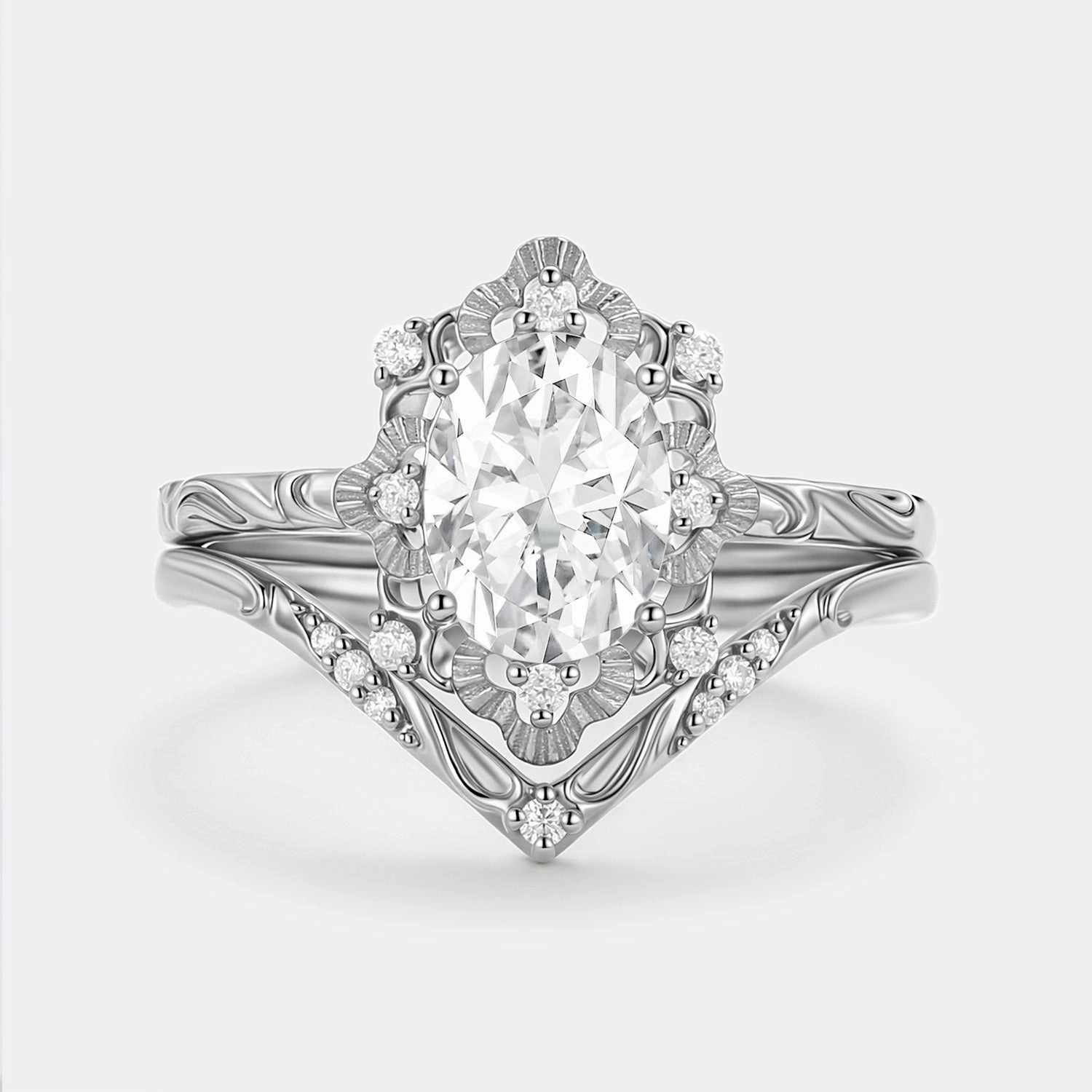 Oval Cut Engraved Moissanite Vintage Ring Set 2pcs - Velvet Shiny Stones