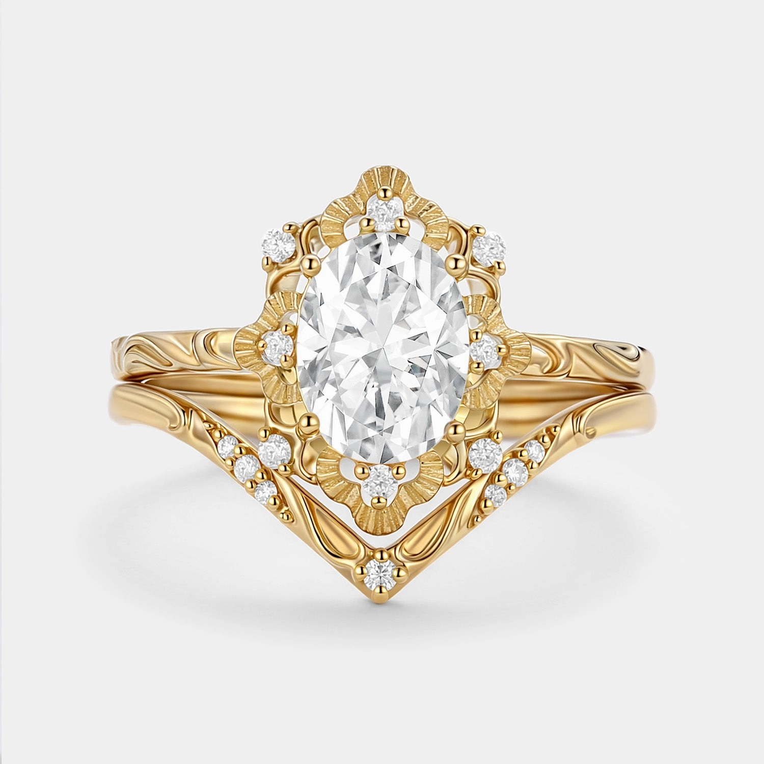 Oval Cut Engraved Moissanite Vintage Ring Set 2pcs - Velvet Exquisite Stones Lustrous Edge