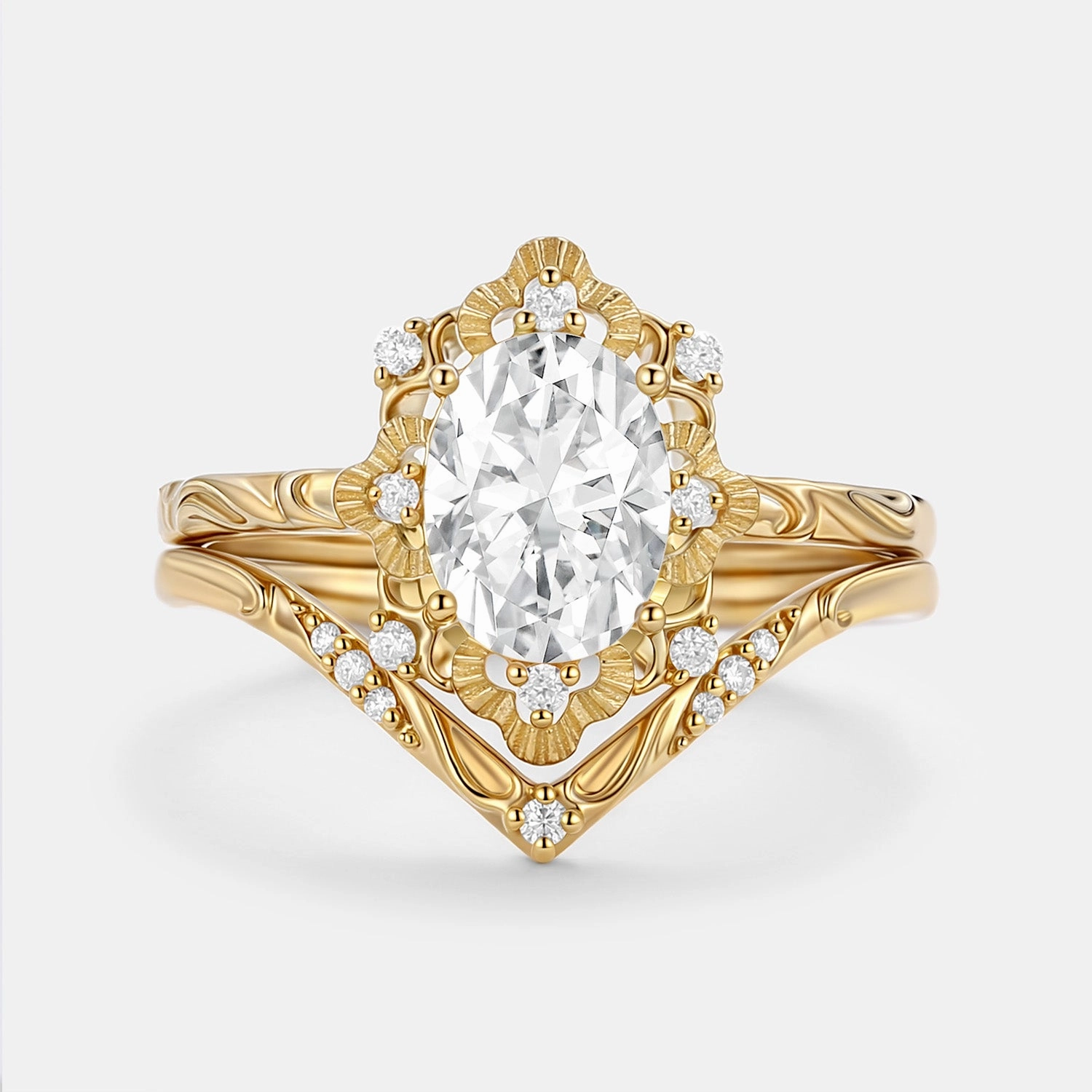 Oval Cut Engraved Moissanite Vintage Ring Set 2pcs - Velvet Vintage Accessory