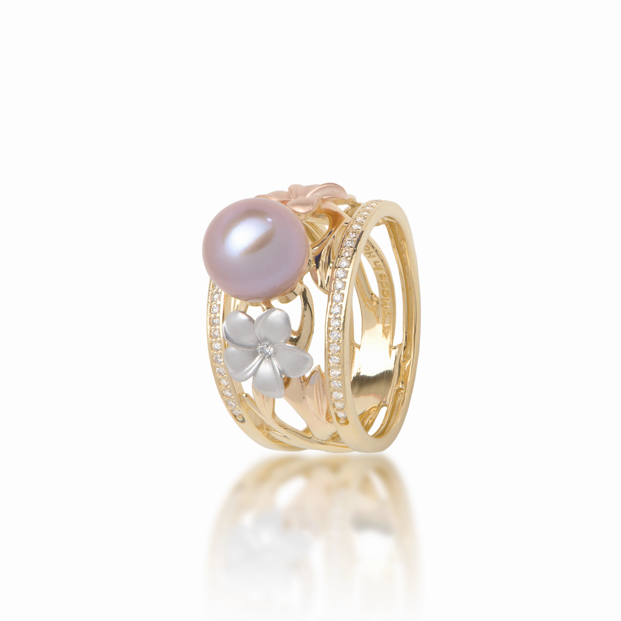 Pearls in Bloom Plumeria Lavender Freshwater Pearl Ring in Tri Color Gold with Diamonds - 12mm Daily Style Luxury Accessories