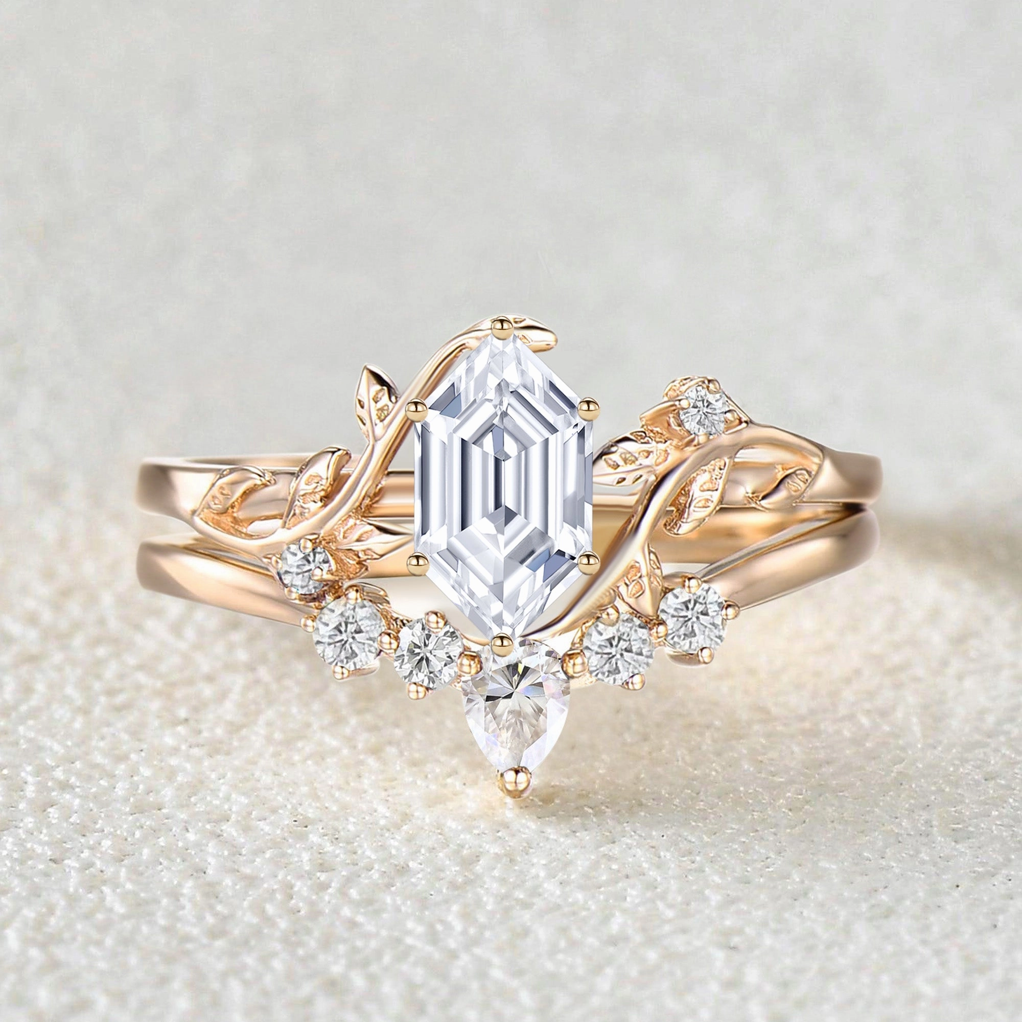 Unique Hexagon Cut Moss Agate Leafy Bridal Ring Sets 2pcs - Willow Hypoallergenic Piece Vintage Insignia