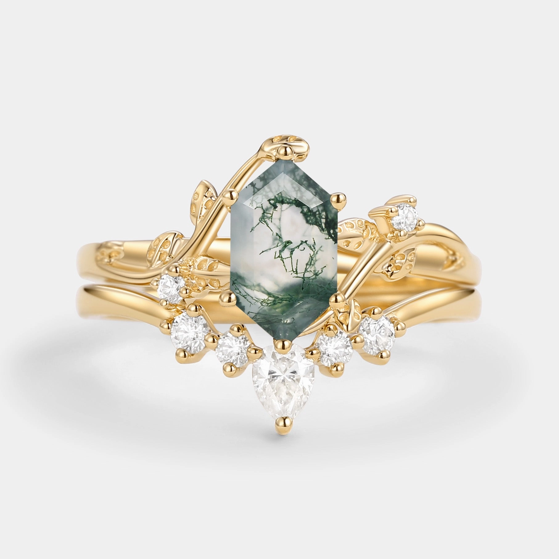 Custom Emblem Balanced Balance Unique Hexagon Cut Moss Agate Leafy Bridal Ring Sets 2pcs - Willow