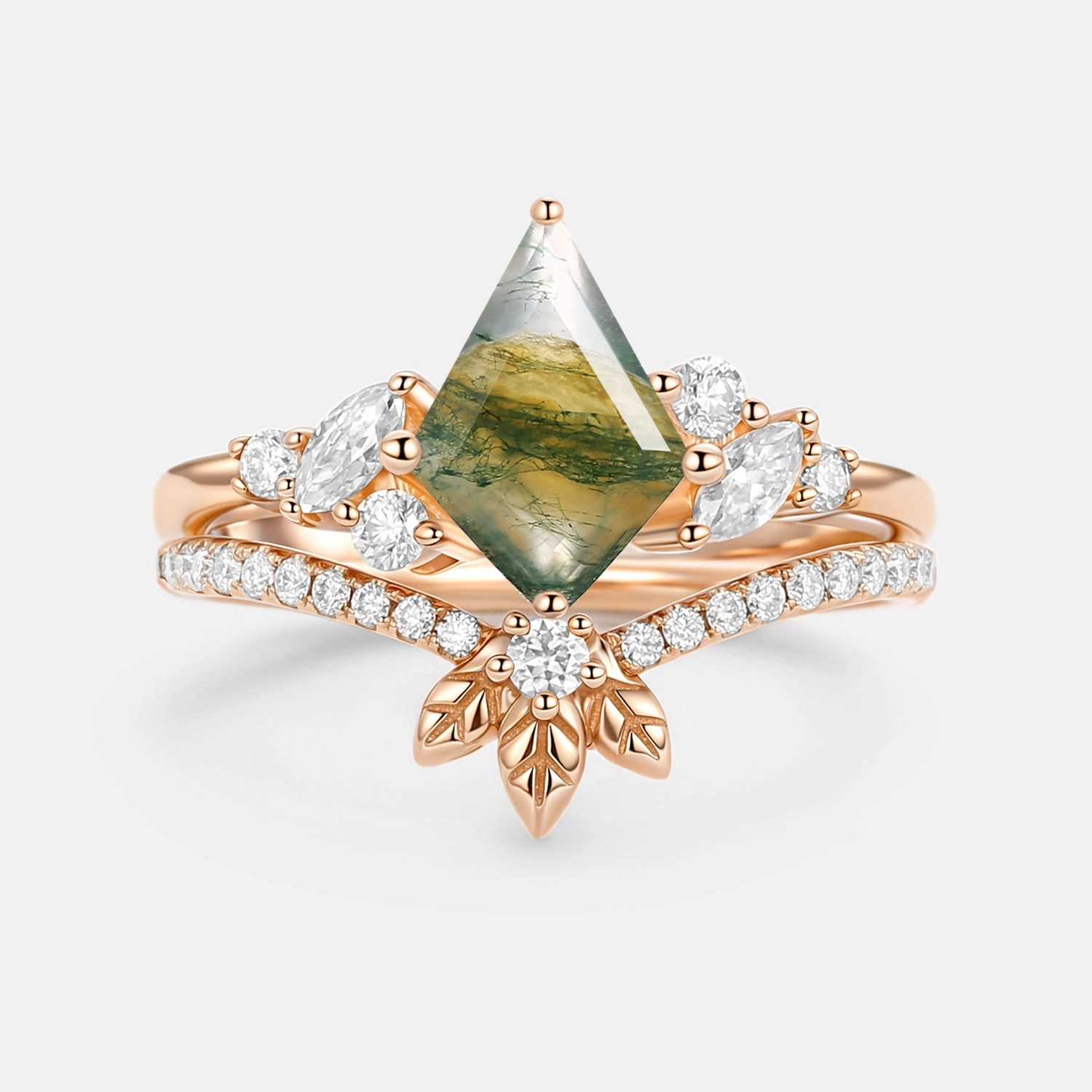 Moss Agate Kite Cut  Leafy Engagement Ring Set 2pcs - Florine unique touch
