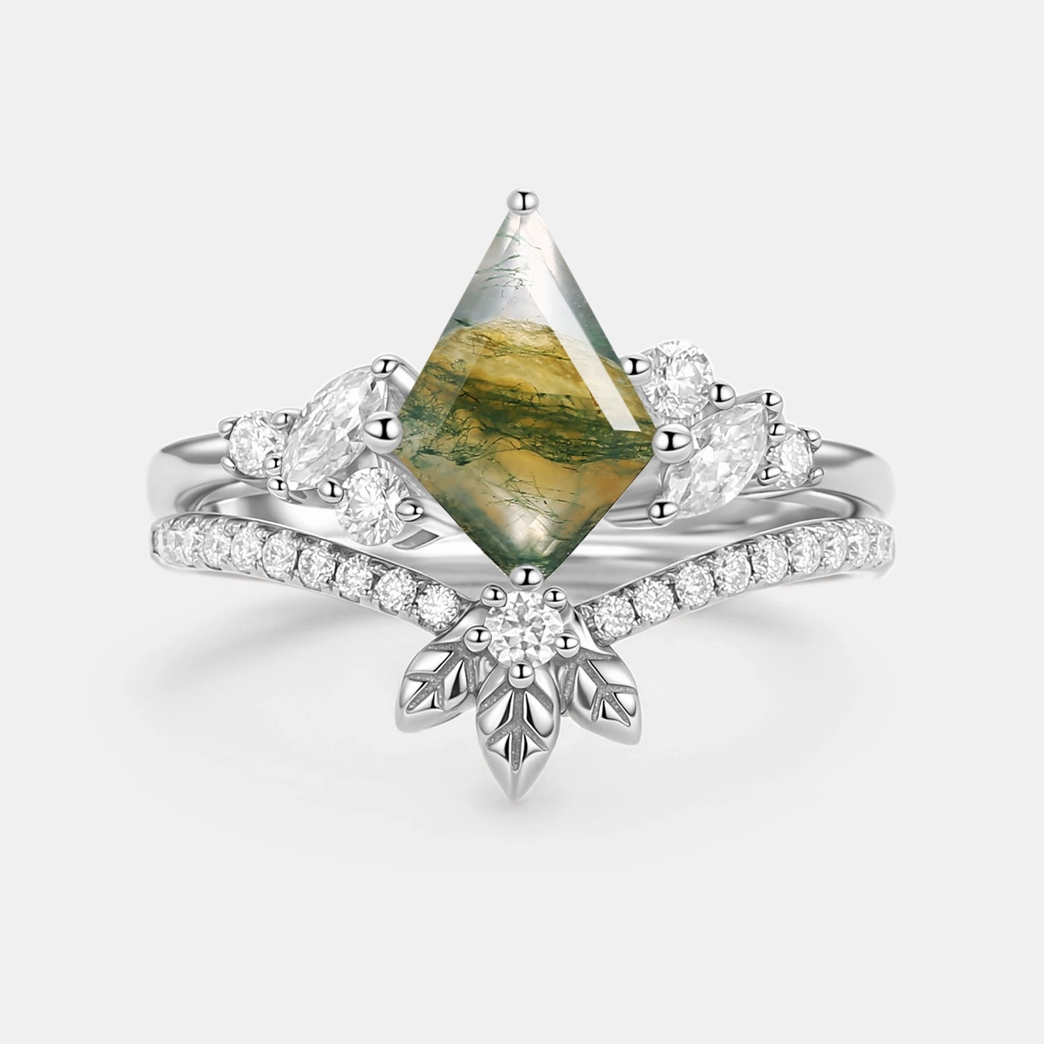 Moss Agate Kite Cut  Leafy Engagement Ring Set 2pcs - Florine Urban Style Shine Appeal