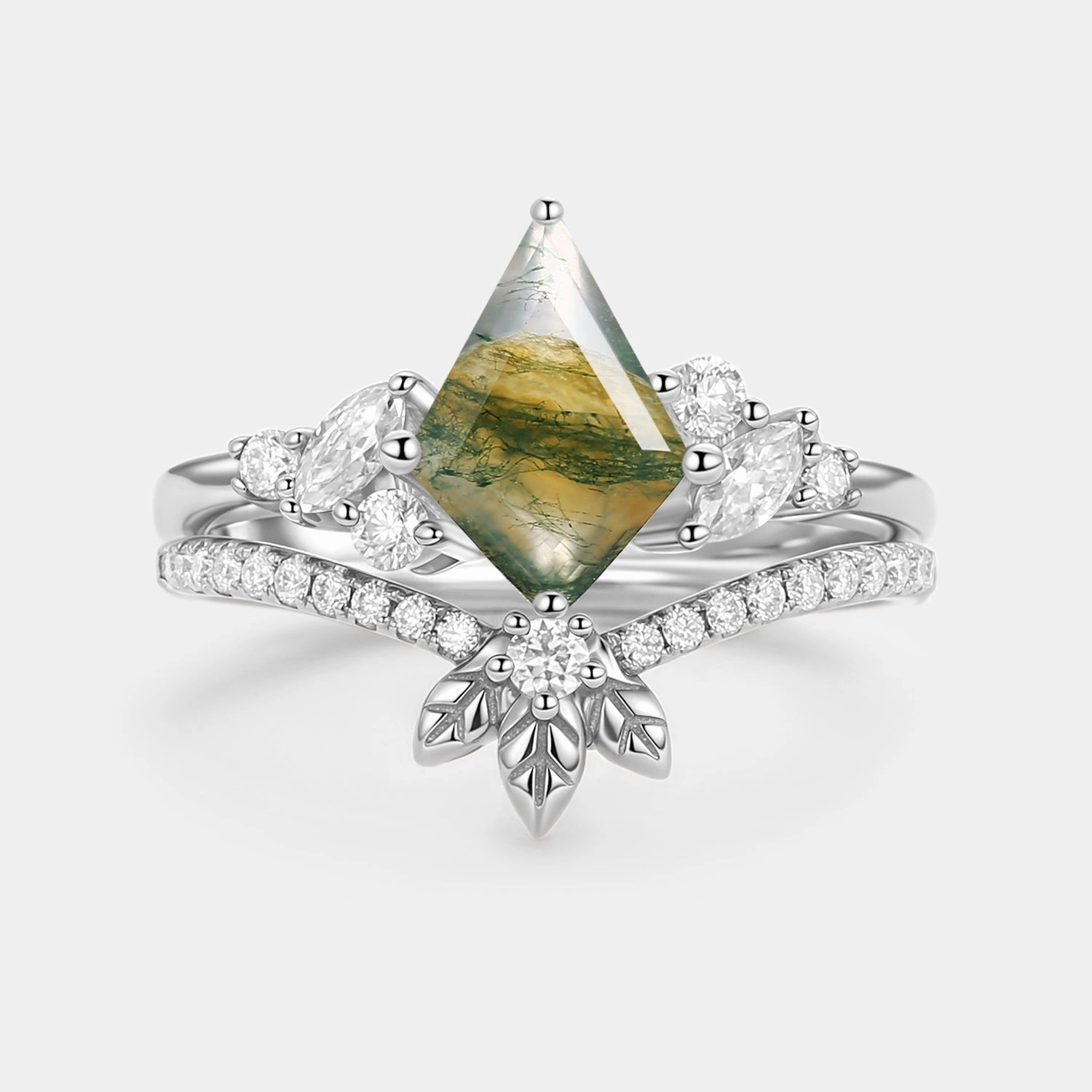 Moss Agate Kite Cut  Leafy Engagement Ring Set 2pcs - Florine fashion lover Glam fit