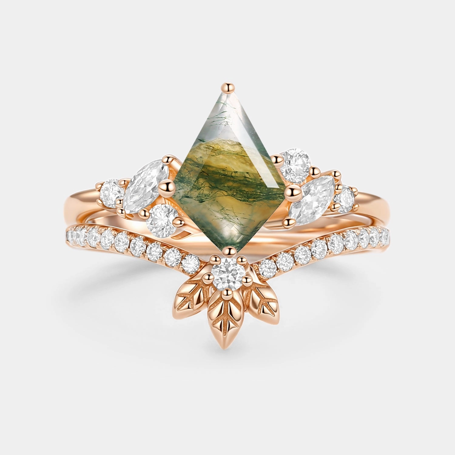 Moss Agate Kite Cut  Leafy Engagement Ring Set 2pcs - Florine Iconic Gift