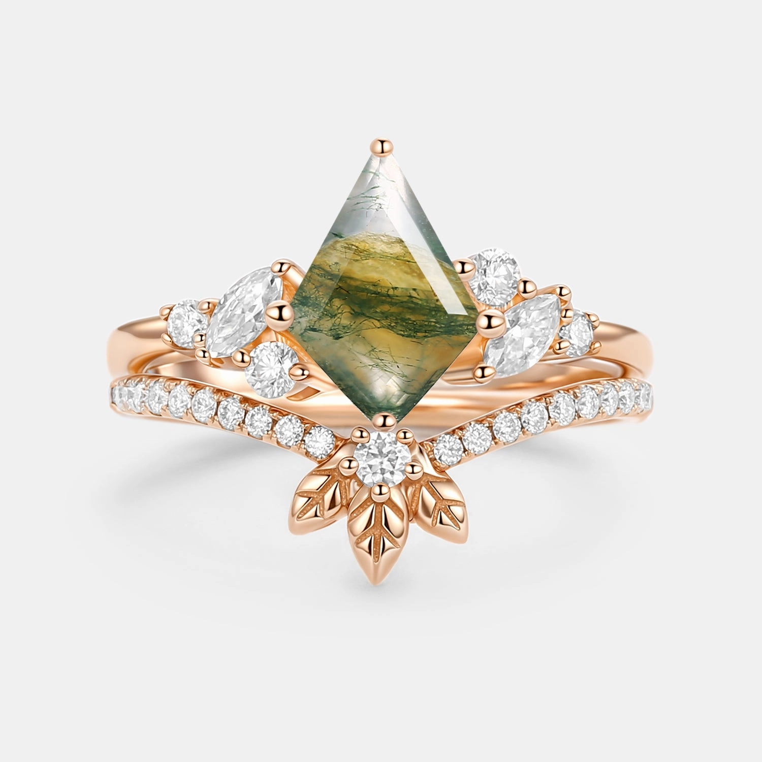 Moss Agate Kite Cut  Leafy Engagement Ring Set 2pcs - Florine Oval Design Daily Expression