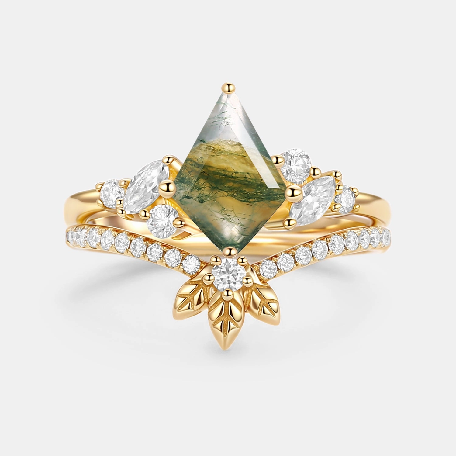 Designer Ornament Moss Agate Kite Cut  Leafy Engagement Ring Set 2pcs - Florine