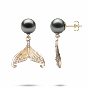 Premium Sparkle Moon Mermaid Tail Tahitian Black Pearl Earrings in Gold with Diamonds - 9-10mm