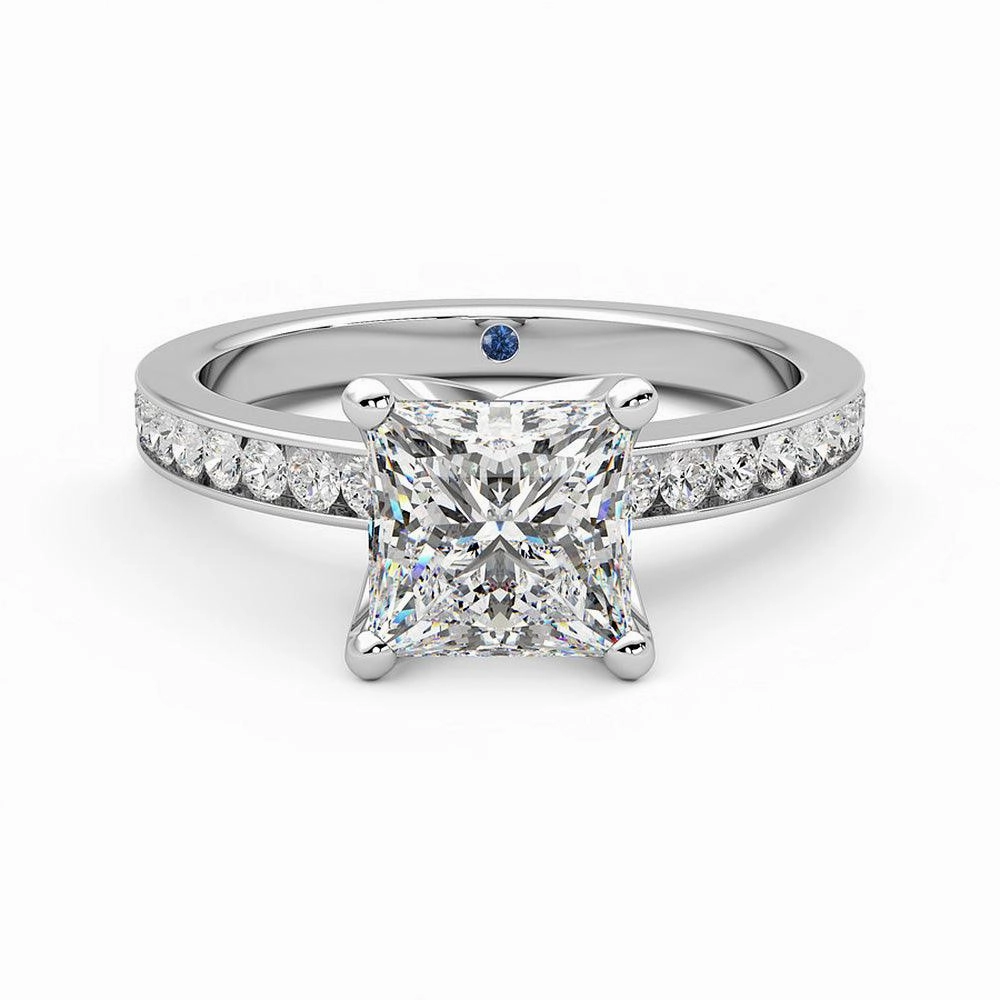 Pretty Touch Princess Cut Moissanite Engagement Ring with Hidden Anniversary Stone and Channel Set Side Stones