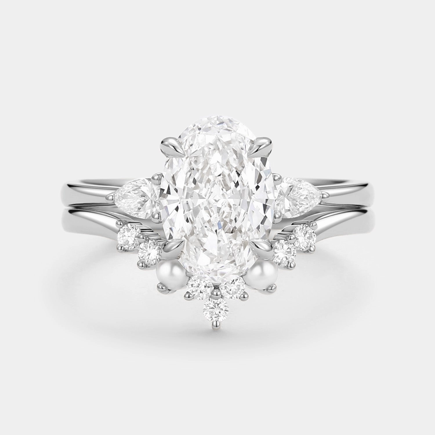 Rainbow Hue Superior Appearance Unique Oval Cut Lab Grown Diamond & Pearl Engagement Ring Set 2pcs