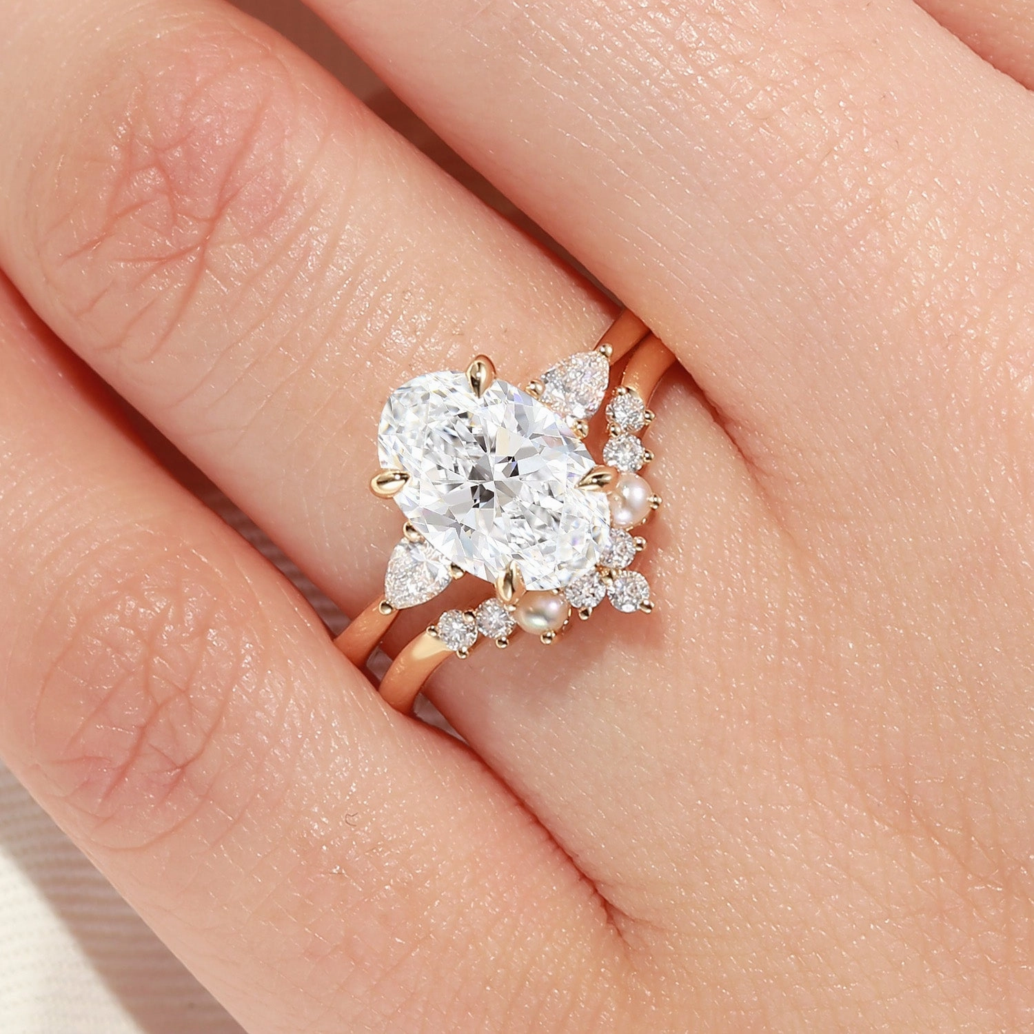 Hypoallergenic Work Simple Token Unique Oval Cut Lab Grown Diamond & Pearl Engagement Ring Set 2pcs