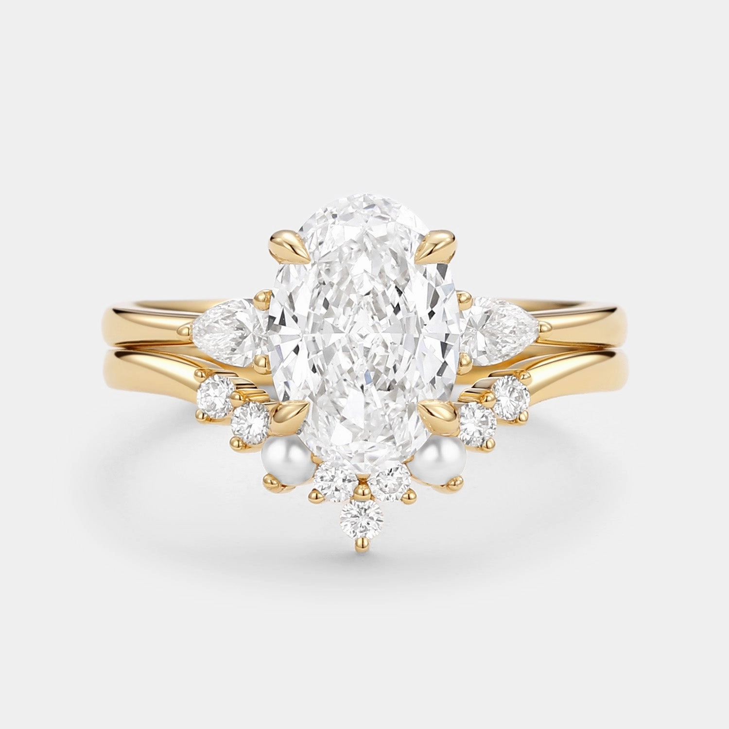 Couple Gift Unique Oval Cut Lab Grown Diamond & Pearl Engagement Ring Set 2pcs