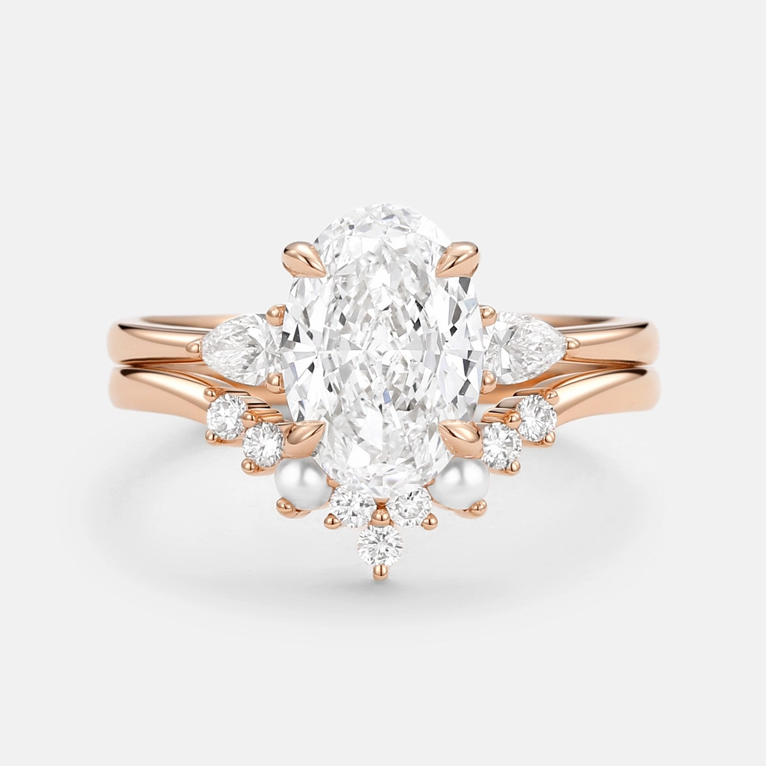 Fashionable Ornament Unique Oval Cut Lab Grown Diamond & Pearl Engagement Ring Set 2pcs