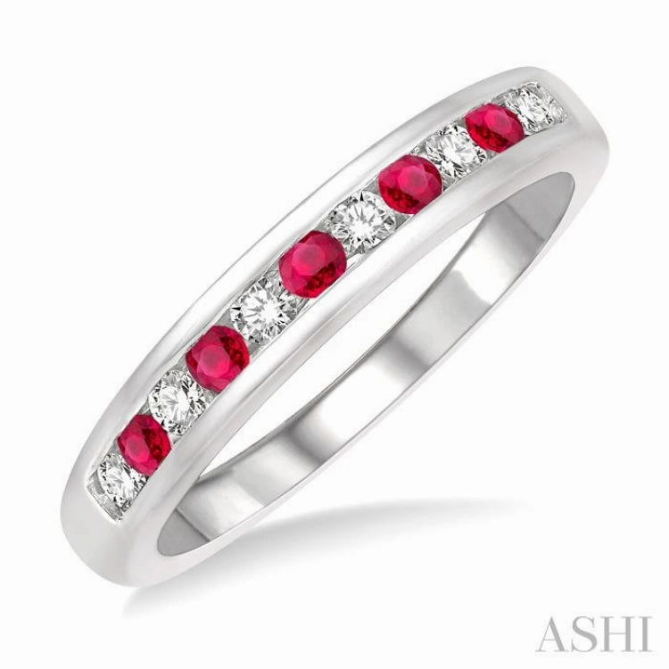 Storage Solution Modern retro 2 MM Ruby and 1/5 Ctw Round Cut Diamond Precious Wedding Band in 14K White Gold