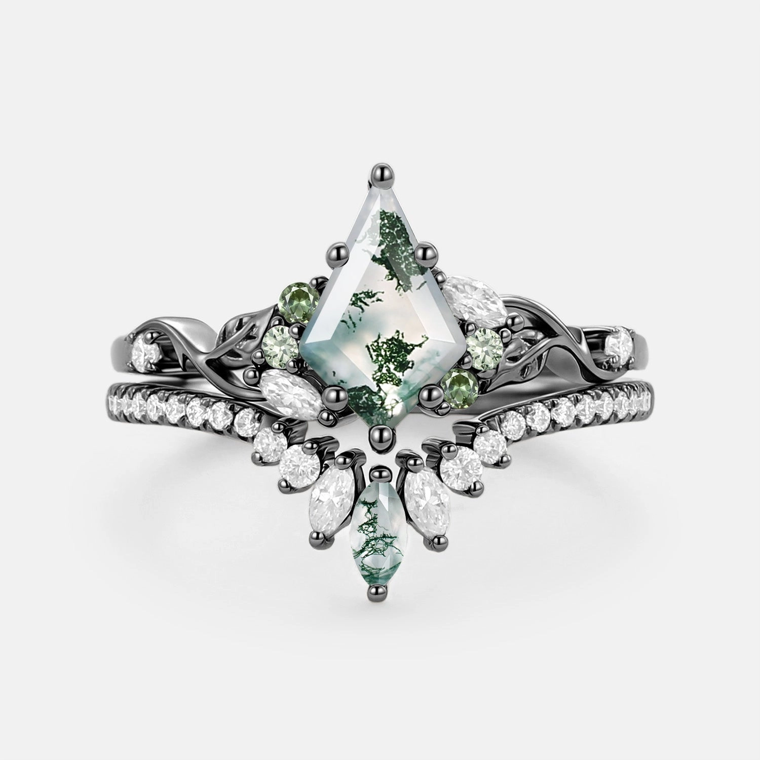 Classic Detail Trendy Accessory Kite Cut Moss Agate Leafy Engagement Ring Set 2pcs - Elowen