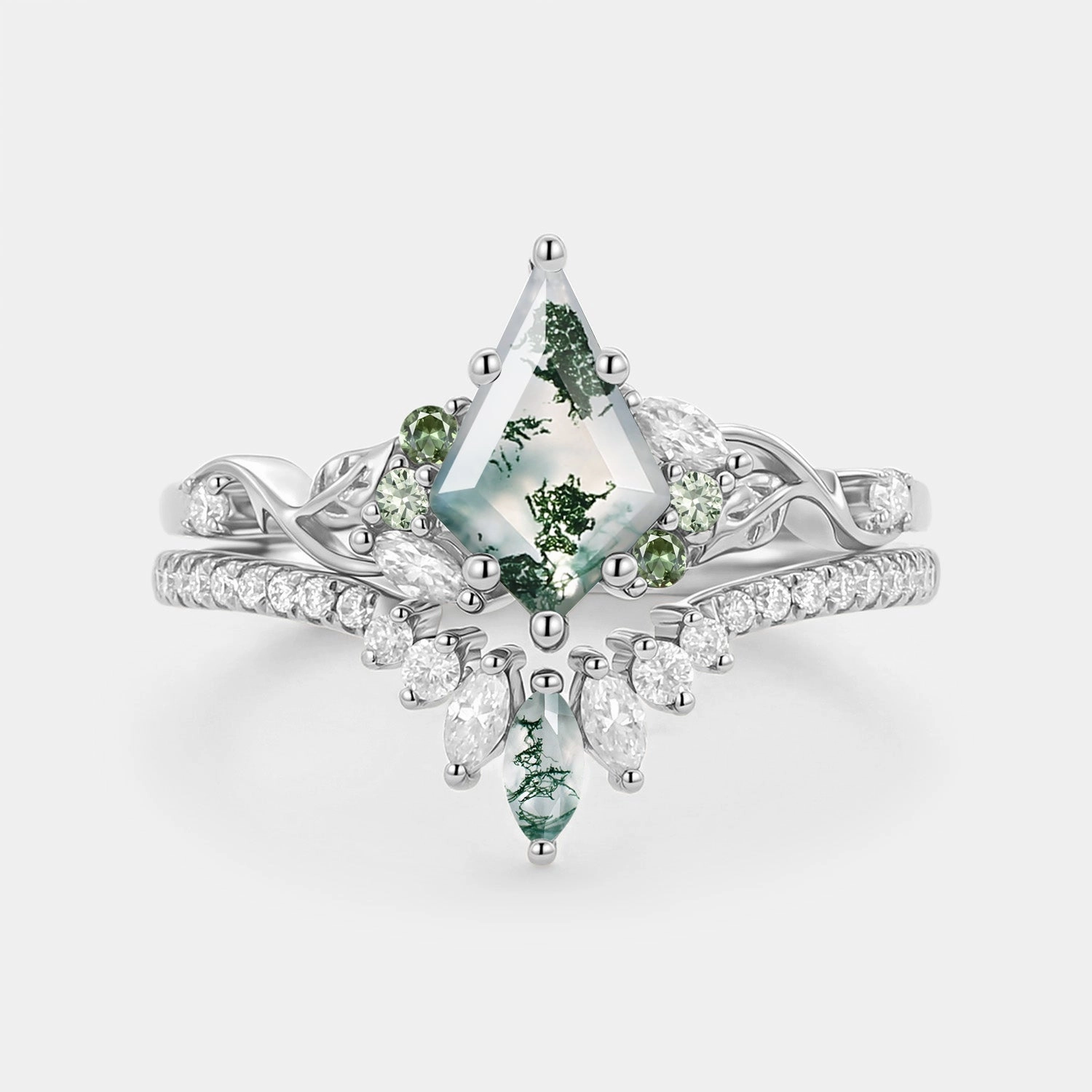 Luxury Ornament Kite Cut Moss Agate Leafy Engagement Ring Set 2pcs - Elowen