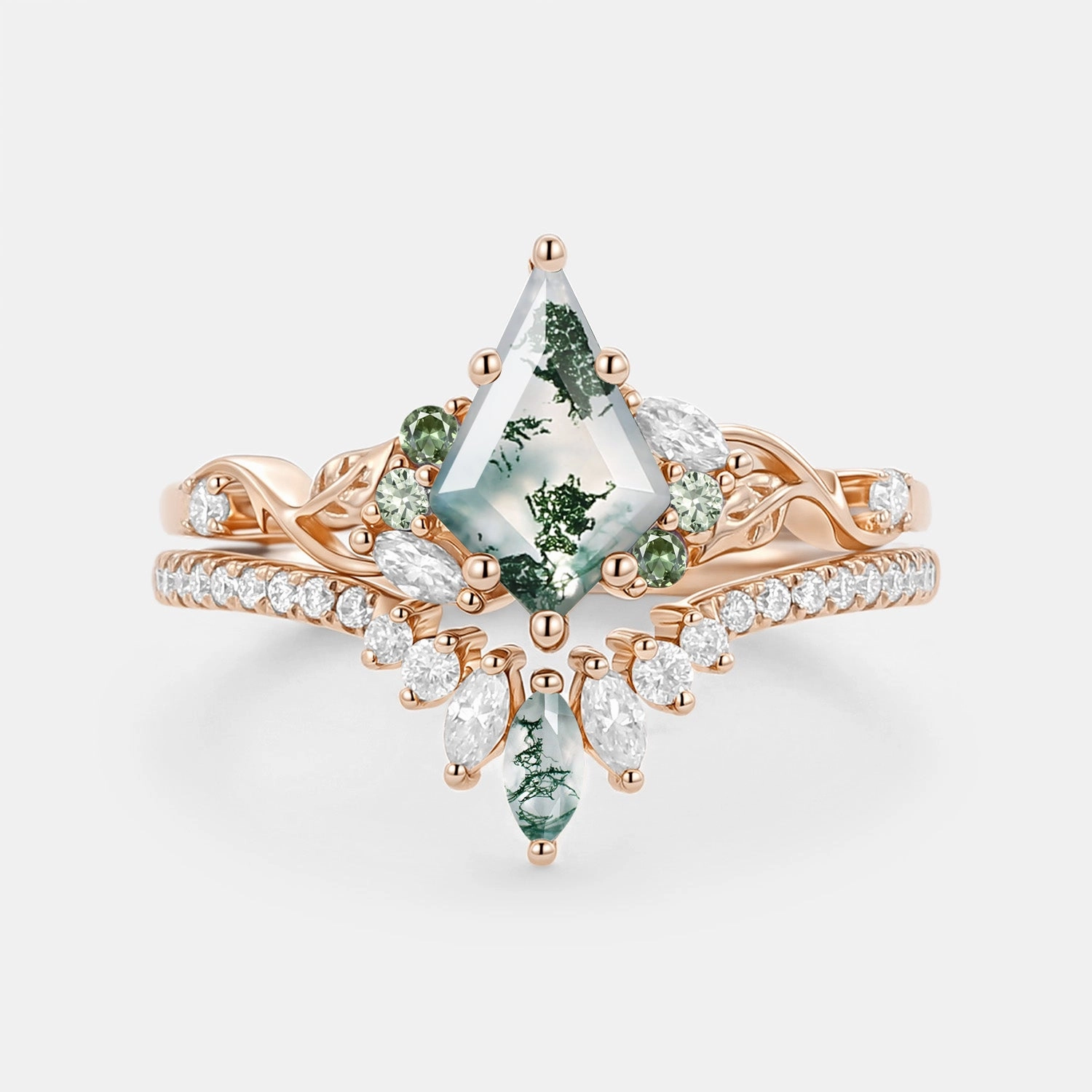 Kite Cut Moss Agate Leafy Engagement Ring Set 2pcs - Elowen Edgy Mood Gift Box