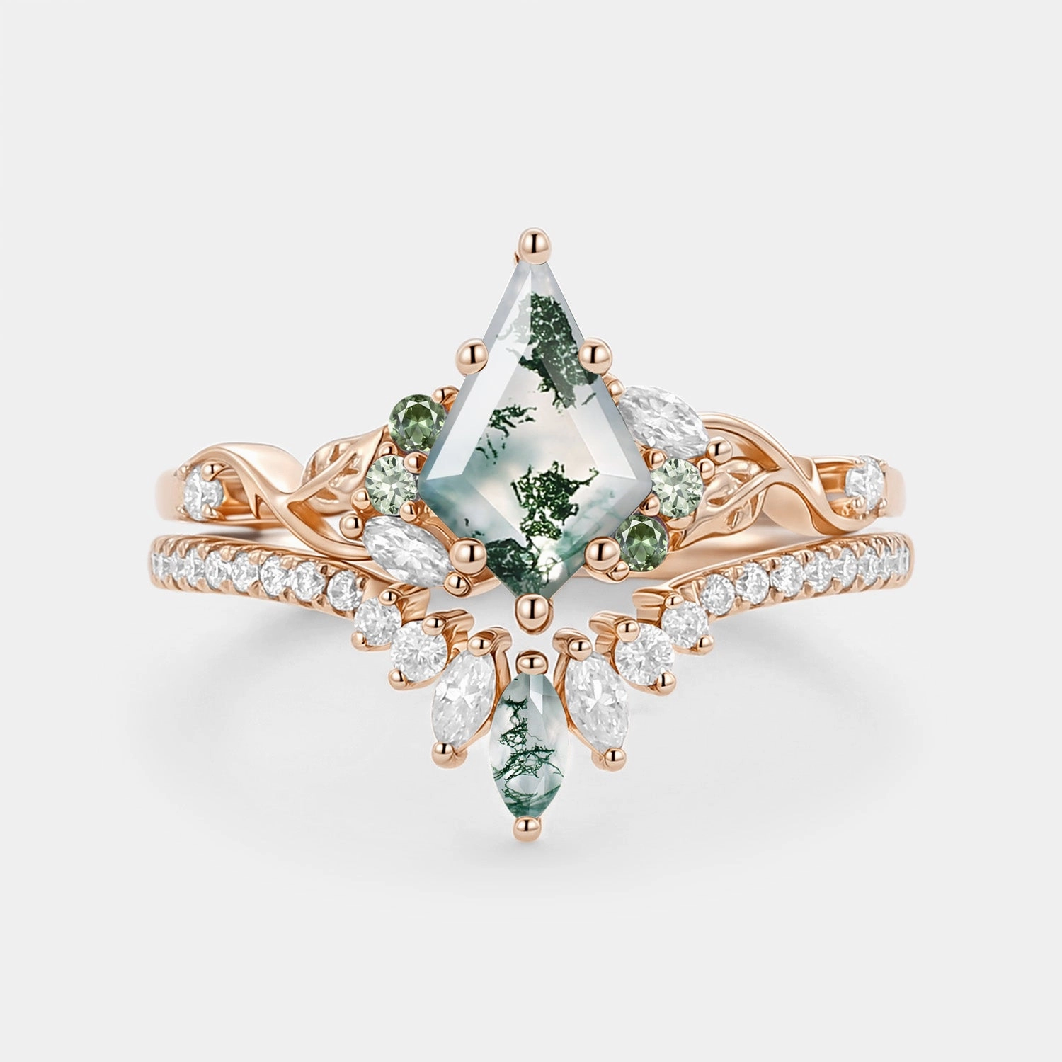 Luxury Flow Glamorous Article Kite Cut Moss Agate Leafy Engagement Ring Set 2pcs - Elowen