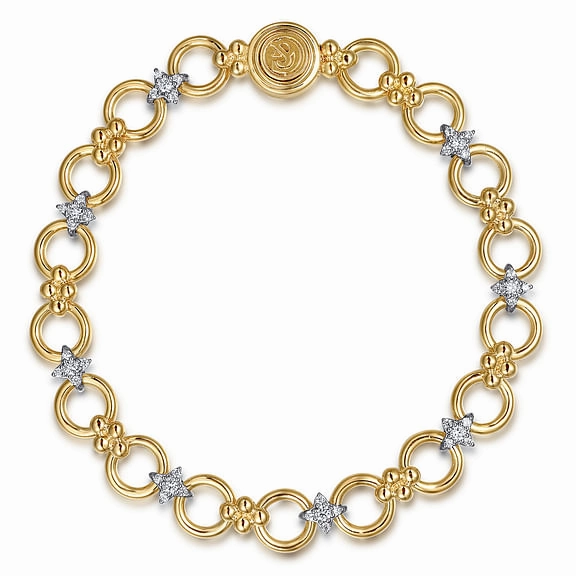 14K White Yellow Gold Bujukan Diamond and Hollow Link Chain Bracelet - 0.51 Carats Delicate Edge